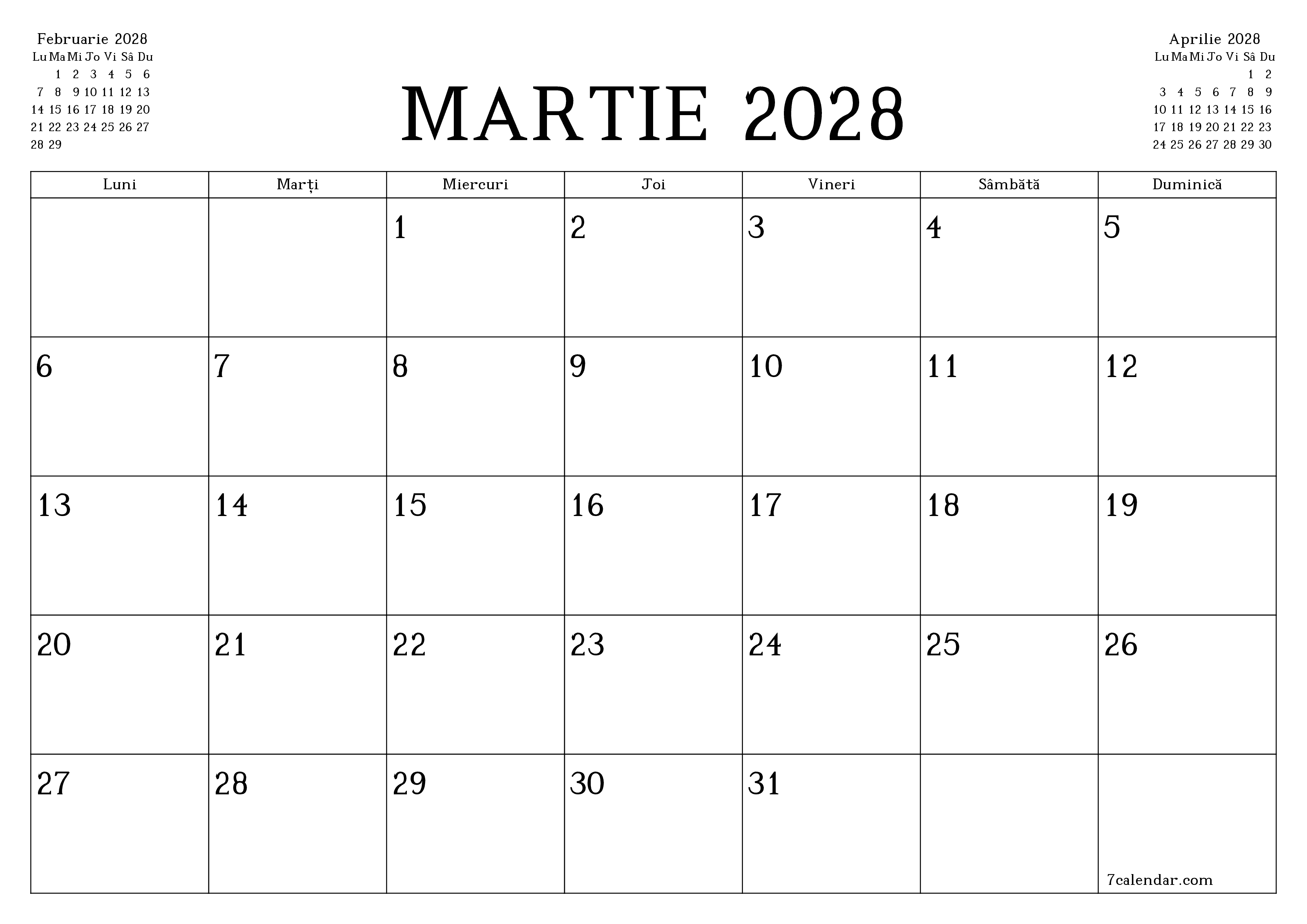 Planificator lunar gol pentru luna Martie 2028 cu note, salvați și tipăriți în PDF PNG Romanian