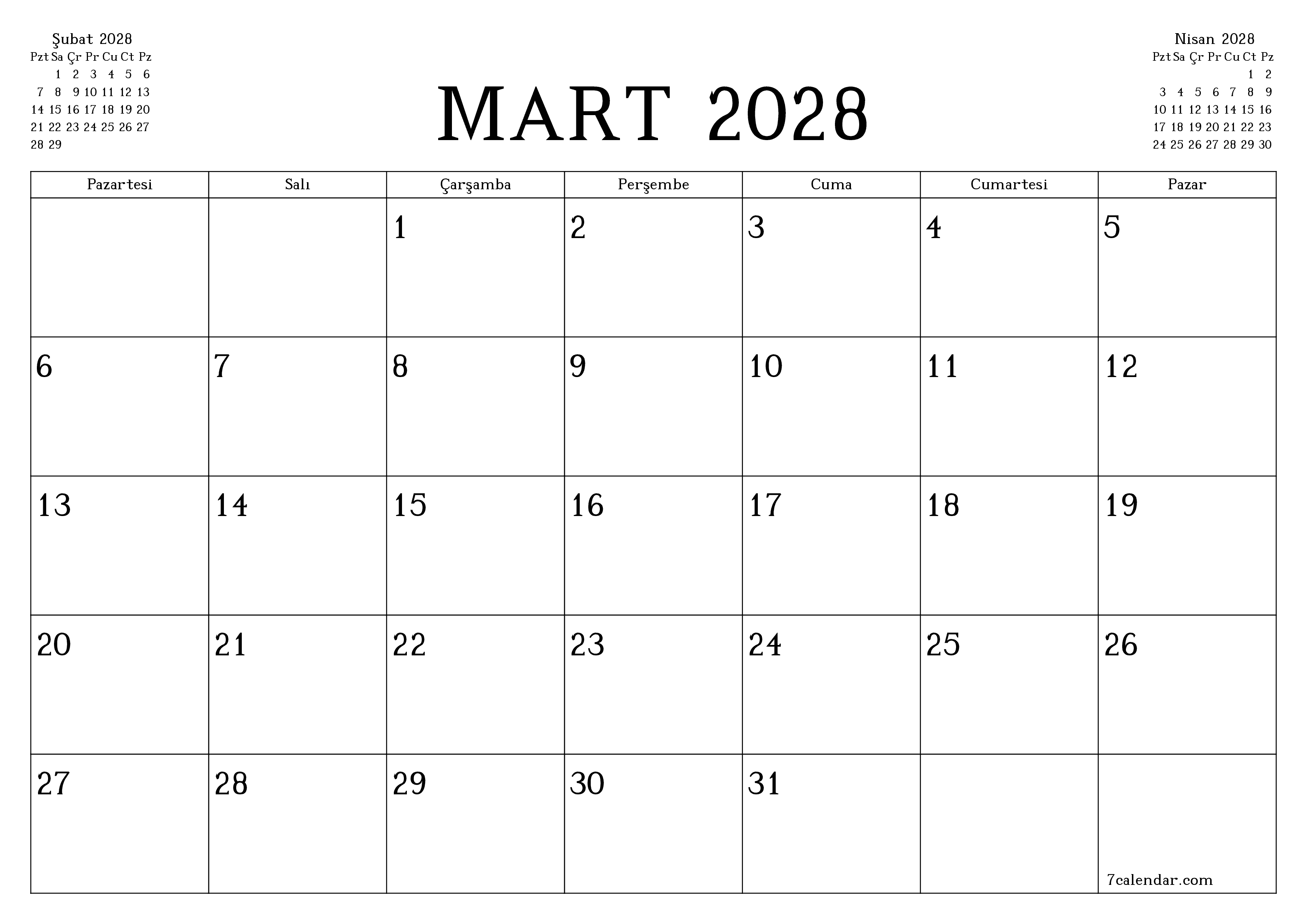 Mart 2028 ayı için notlarla birlikte boş aylık planlayıcı, kaydedin ve PDF'ye yazdırın PNG Turkish