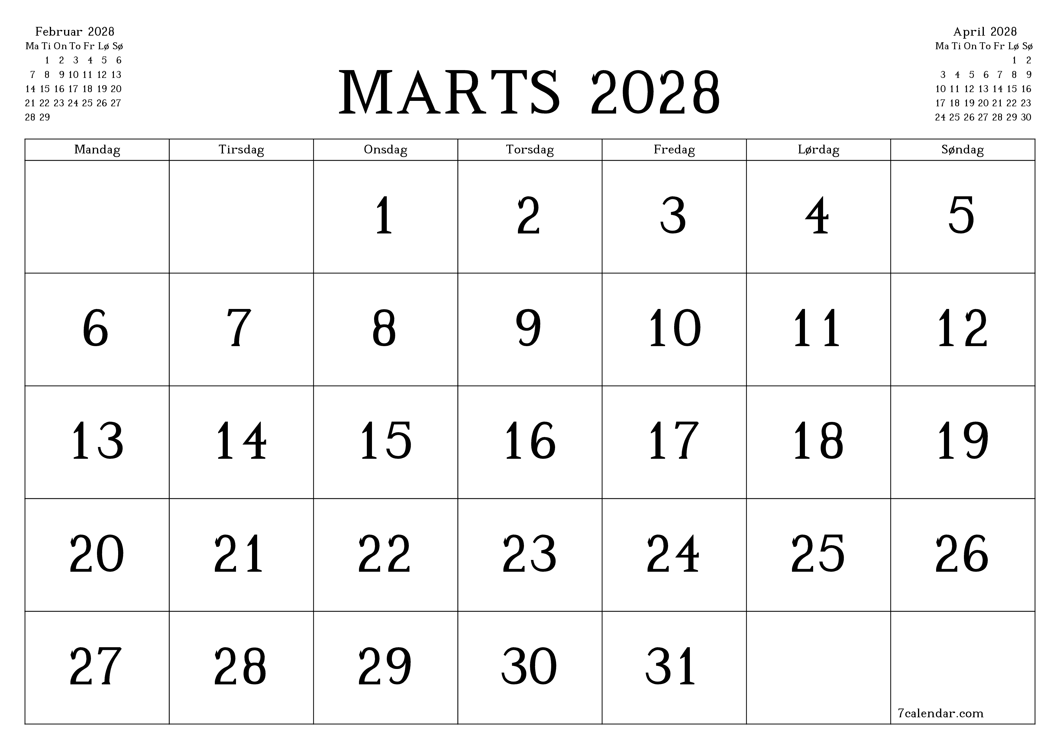 Tom månedlig planlægning for måned Marts 2028 med noter, gem og udskriv til PDF PNG Danish