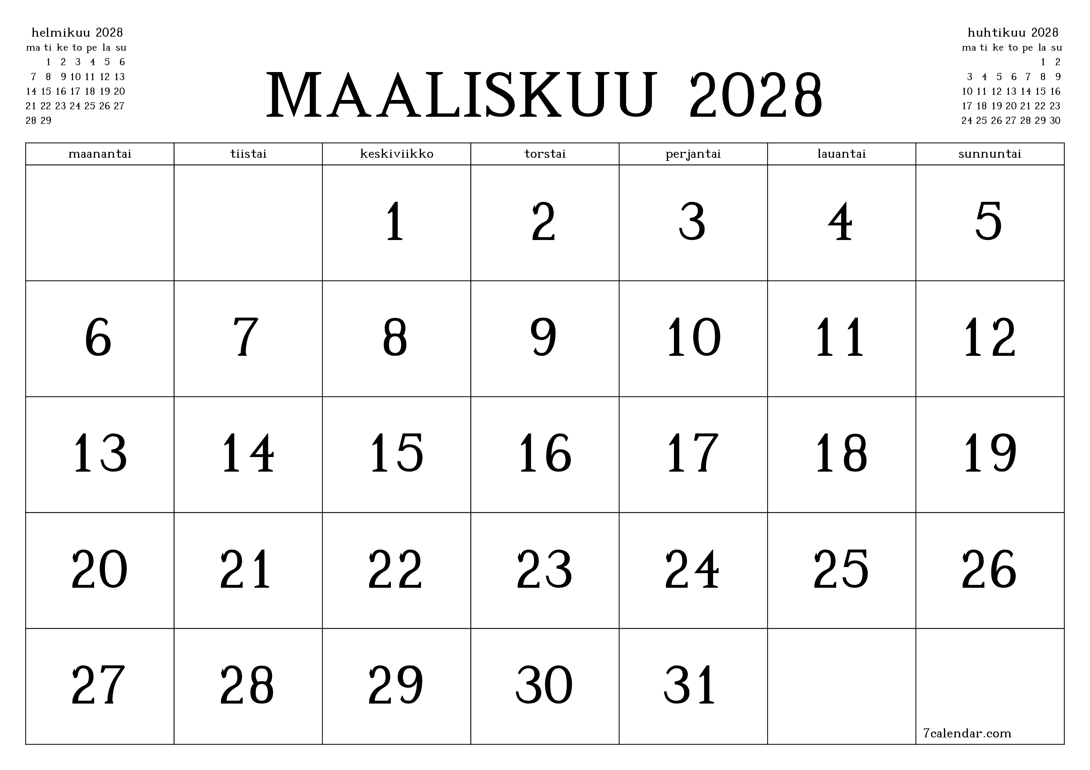 Tyhjennä kuukausittainen suunnittelija kuukaudelle Maaliskuu 2028 muistiinpanoilla, tallenna ja tulosta PDF-muotoon PNG Finnish
