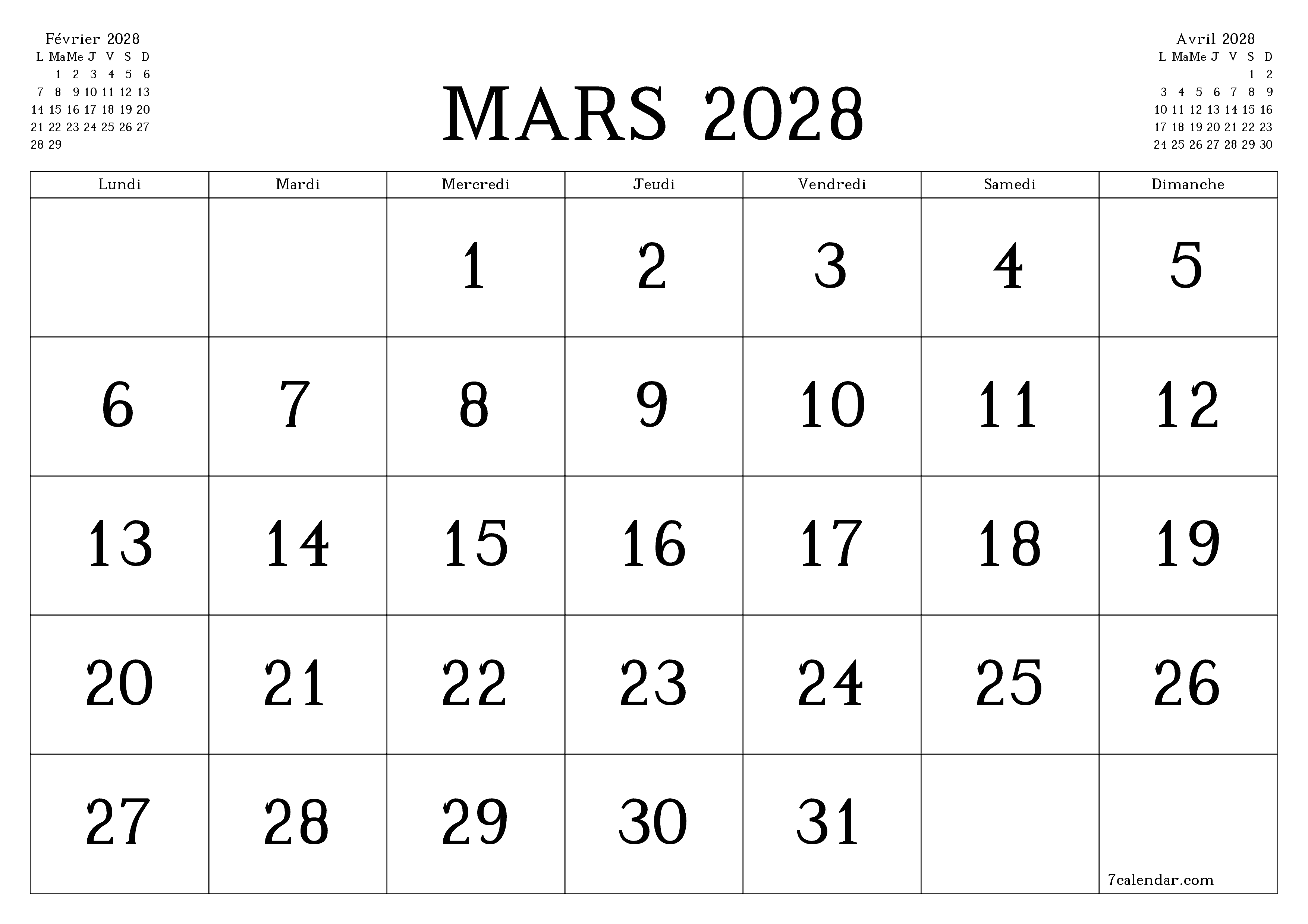 Agenda mensuel vide pour le mois Mars 2028 avec notes, enregistrez et imprimez au format PDF PNG French