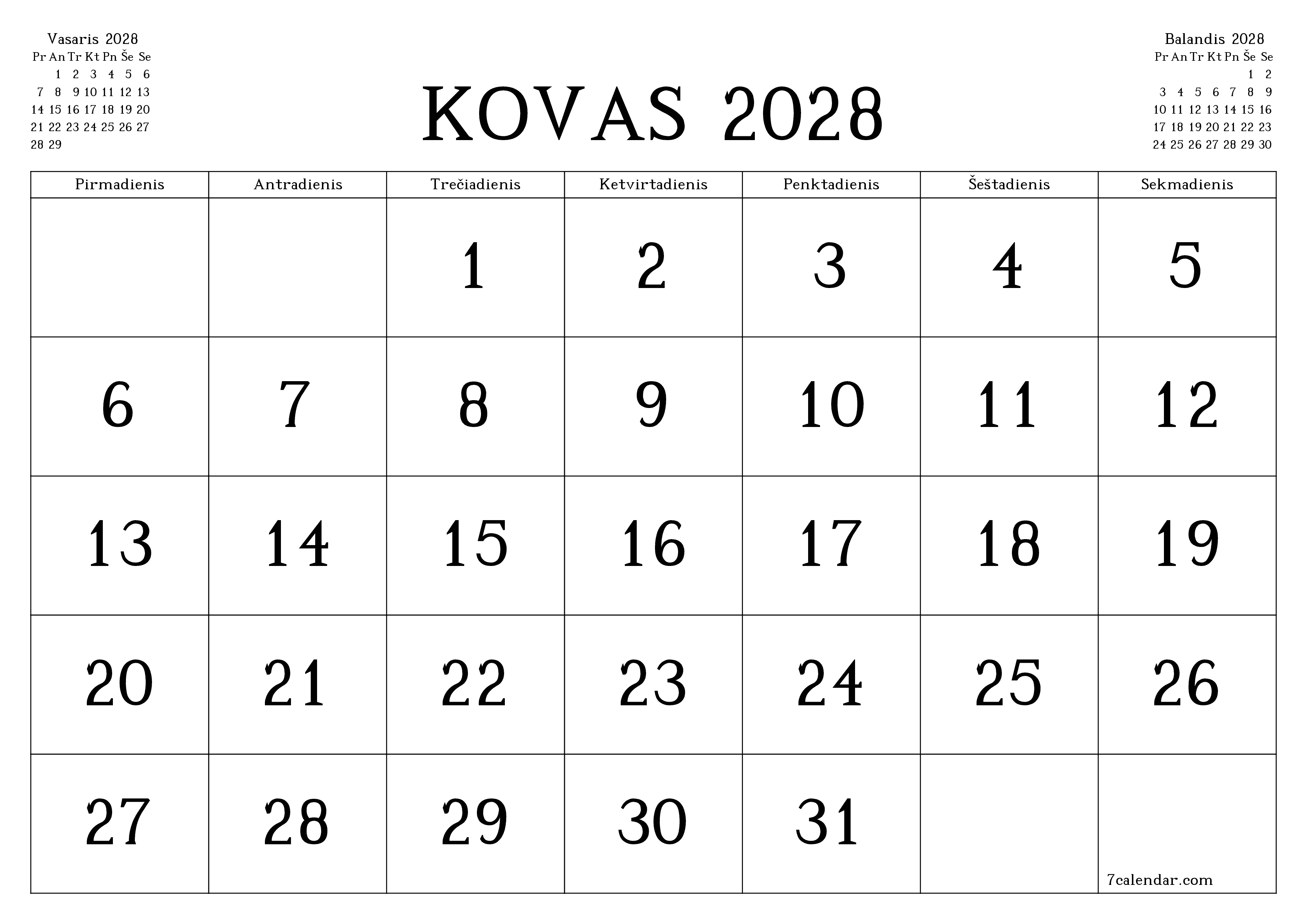 Ištuštinti mėnesio Kovas 2028 mėnesio planavimo priemonę su užrašais, išsaugoti ir atsispausdinti PDF formate PNG Lithuanian