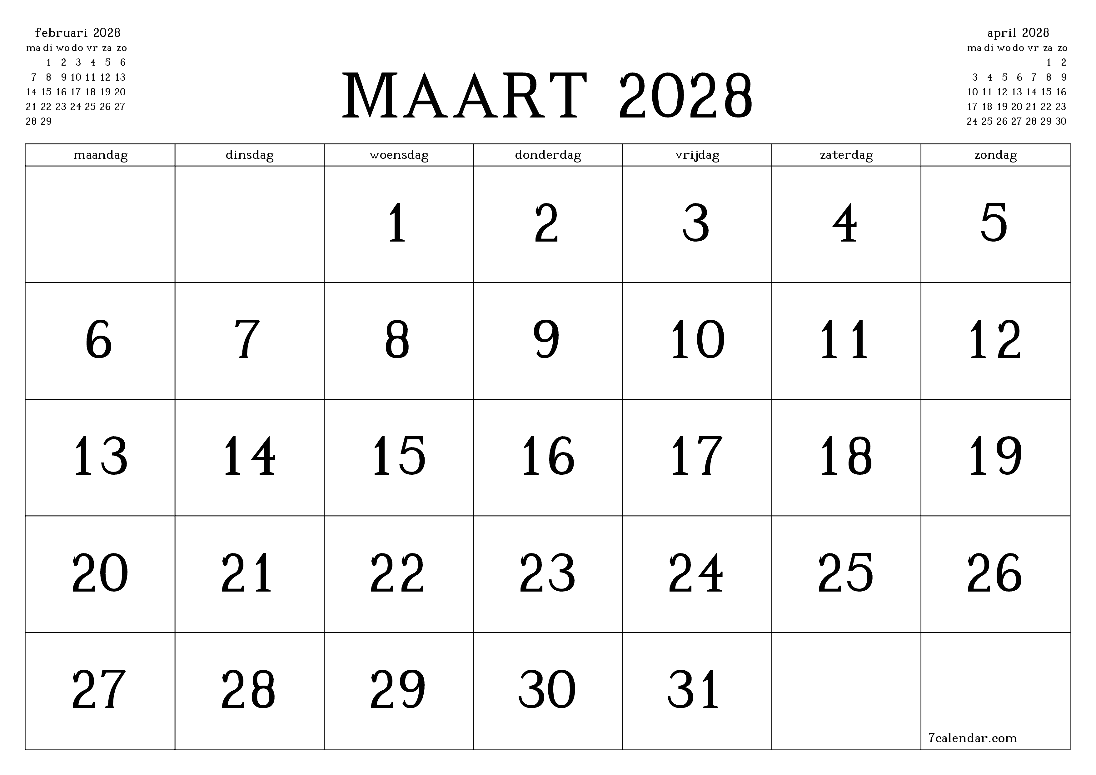 Lege maandplanner voor maand maart 2028 met notities, opslaan en afdrukken naar pdf PNG Dutch