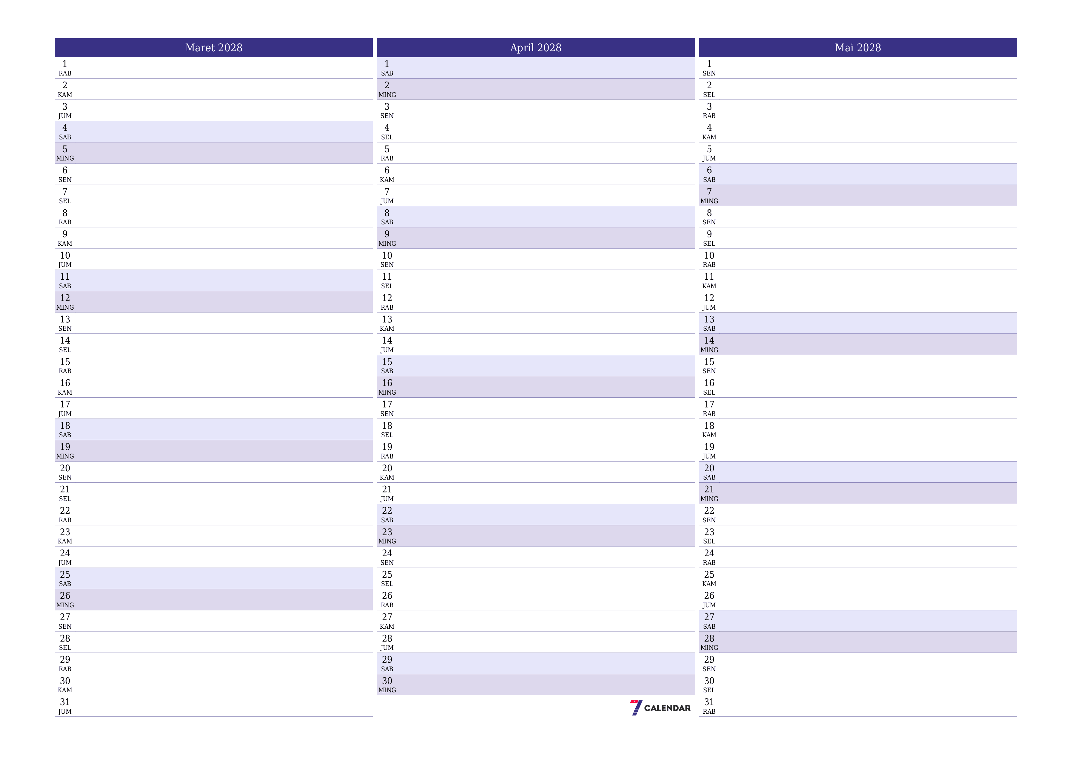 Kosongkan agenda bulanan untuk bulan Maret 2028 dengan catatan, simpan dan cetak ke PDF PNG Indonesian