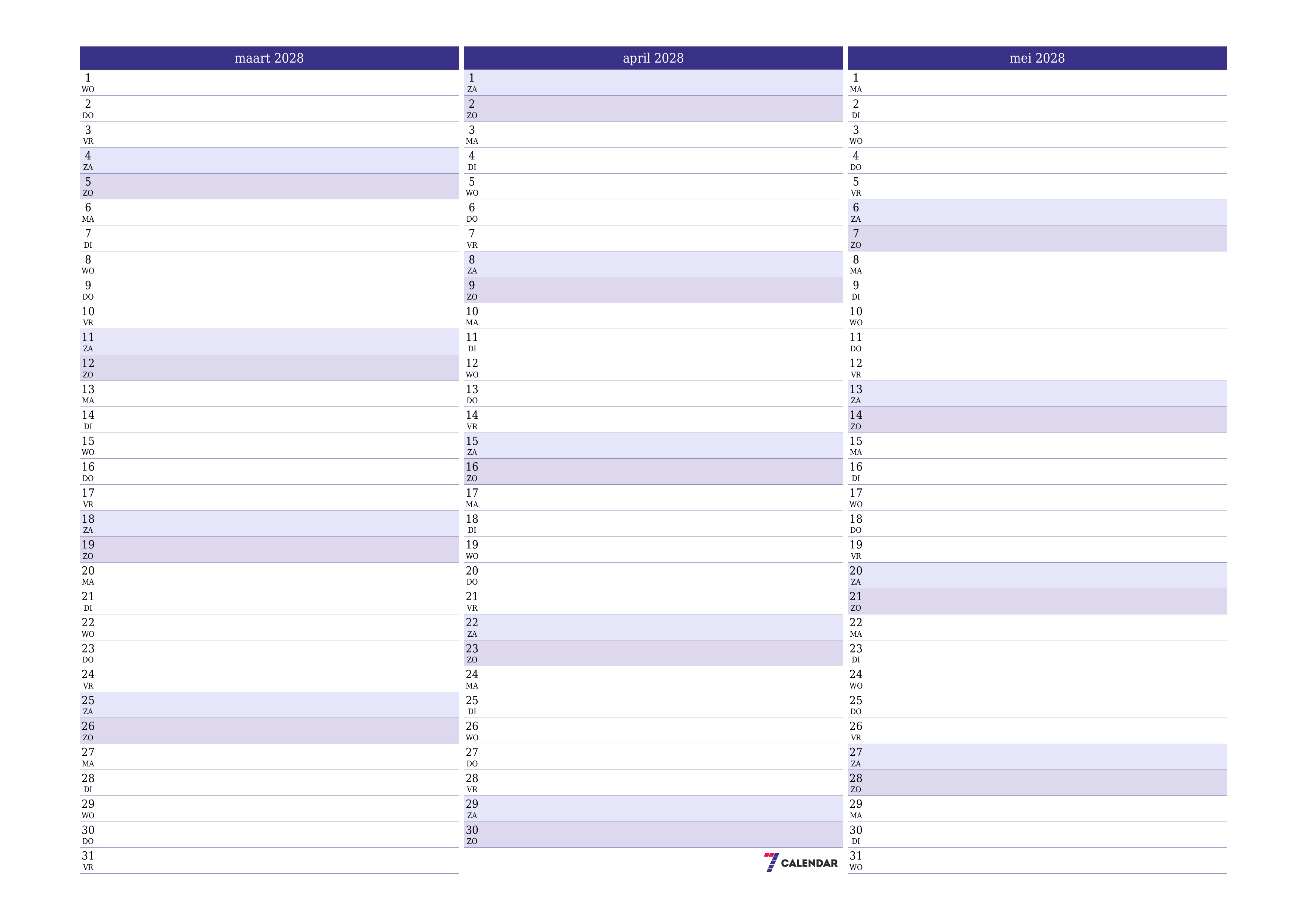 Lege maandplanner voor maand maart 2028 met notities, opslaan en afdrukken naar pdf PNG Dutch