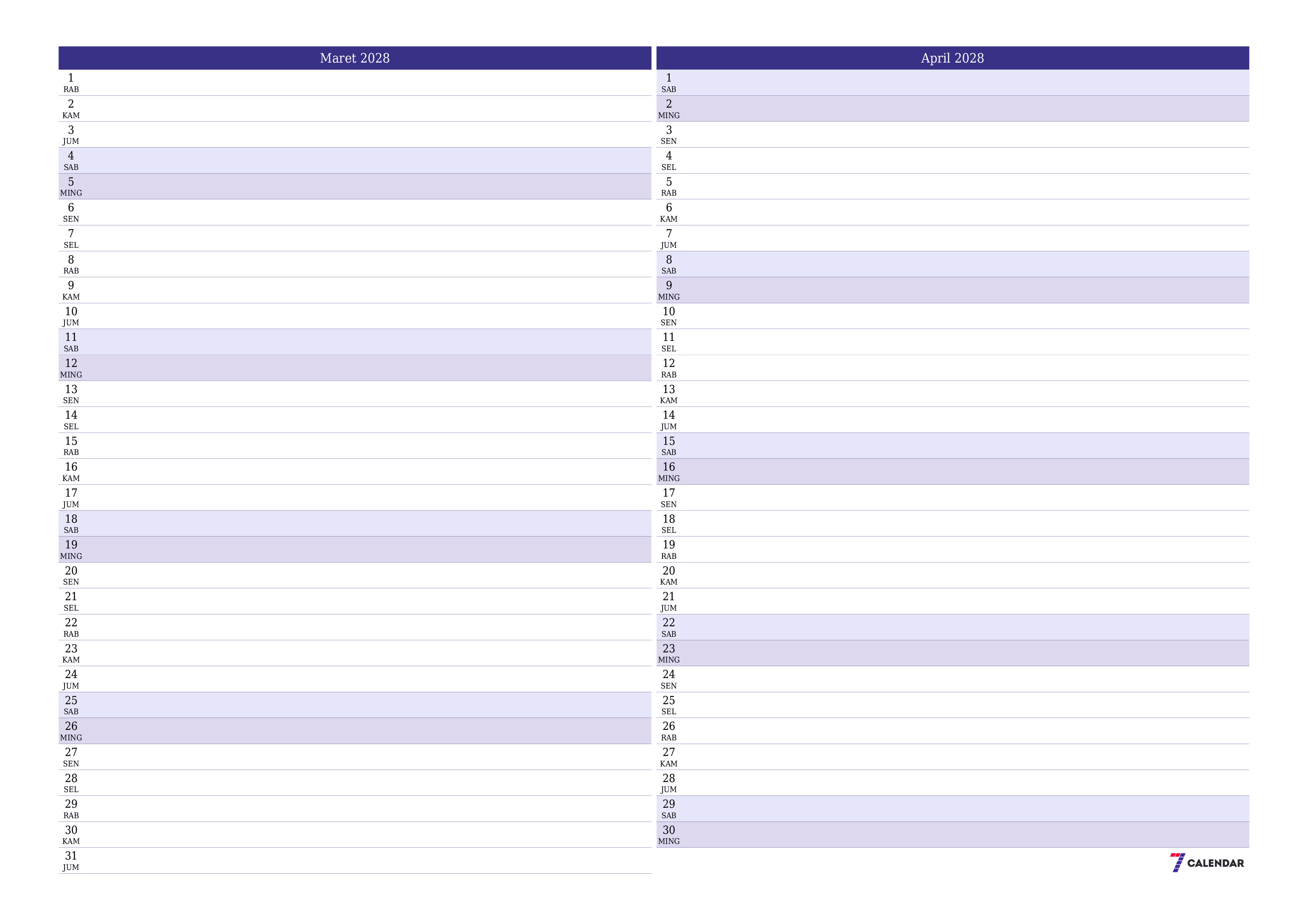 Kosongkan agenda bulanan untuk bulan Maret 2028 dengan catatan, simpan dan cetak ke PDF PNG Indonesian