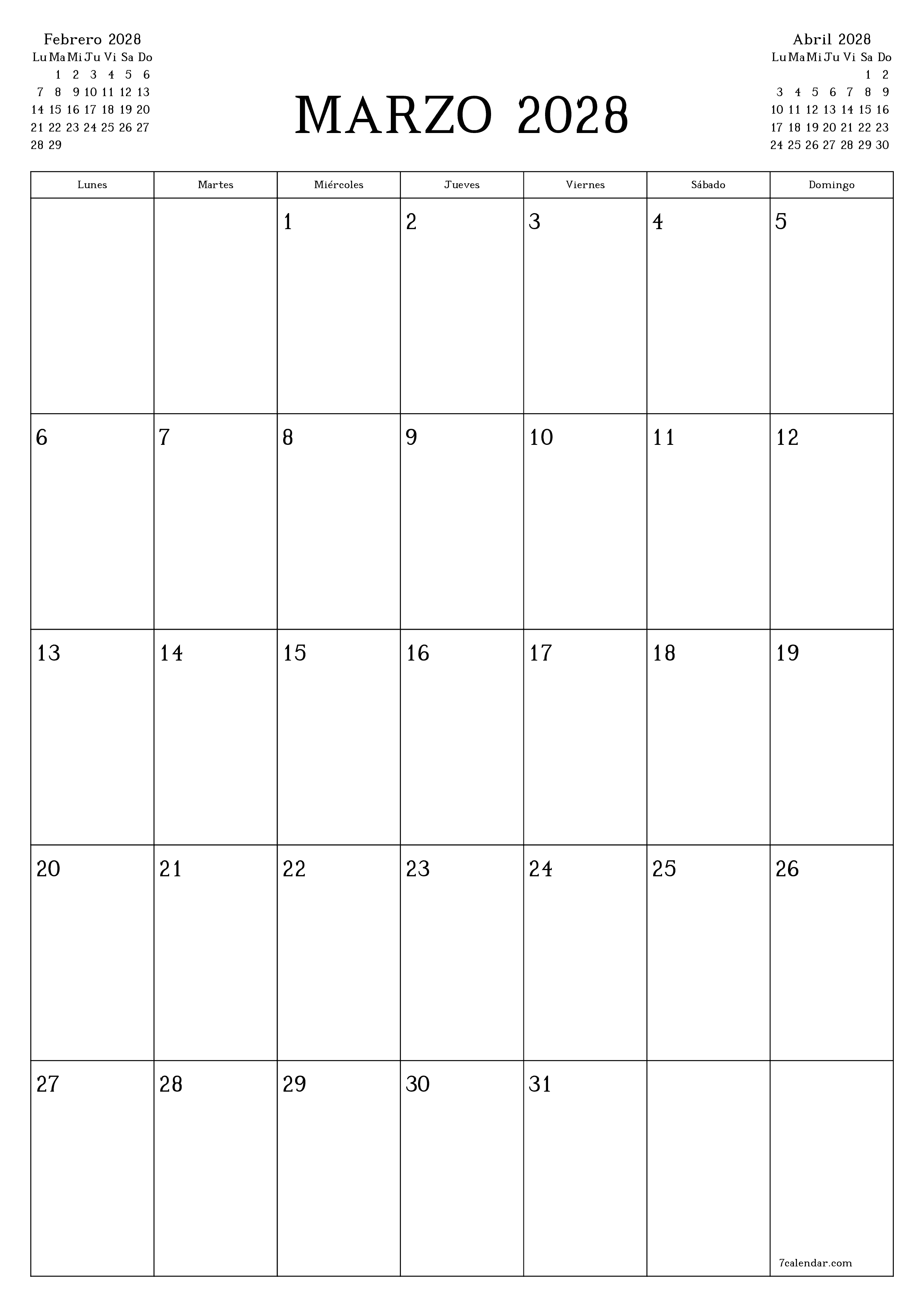 Planificador mensual vacío para el mes Marzo 2028 con notas, guardar e imprimir en PDF PNG Spanish