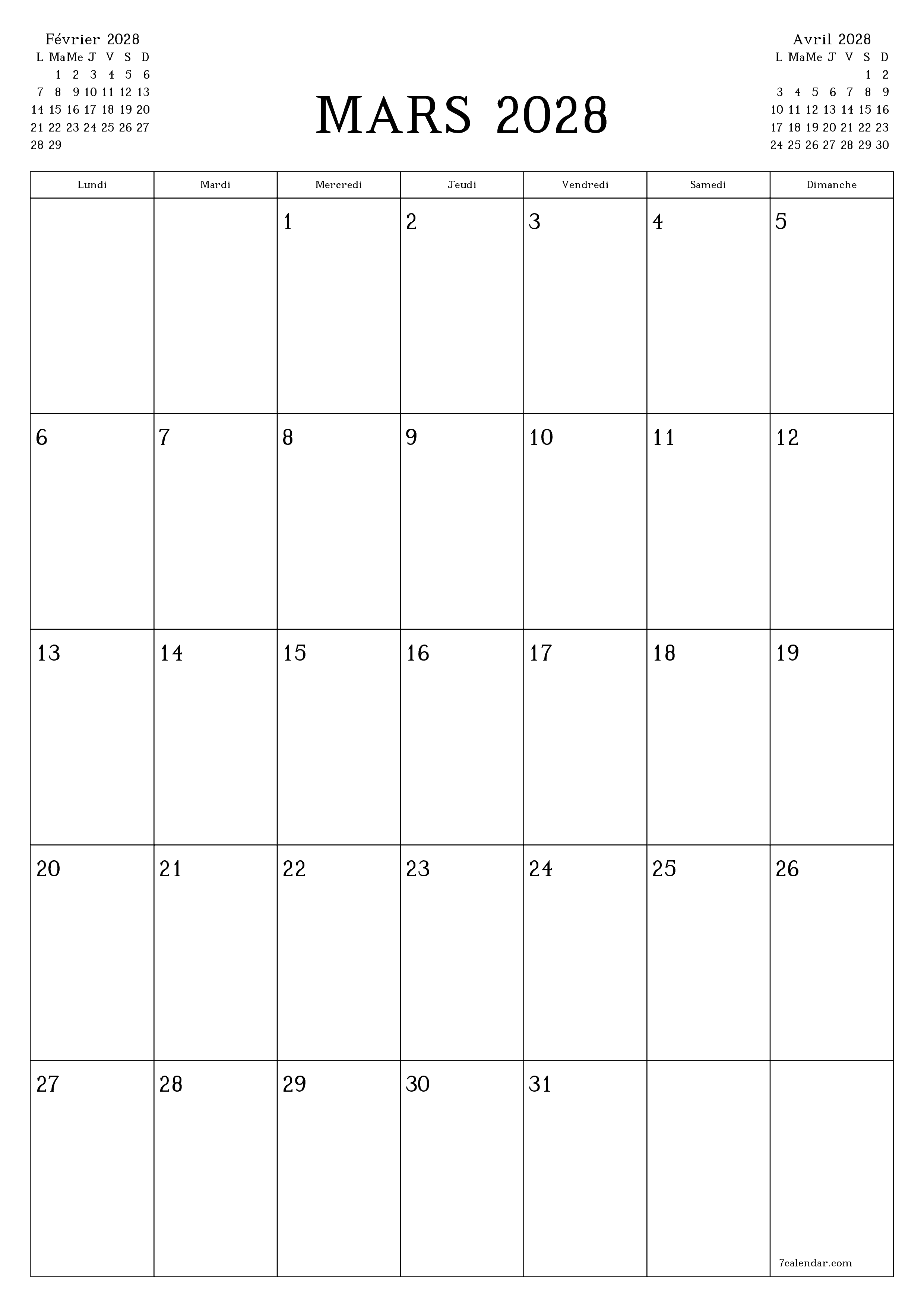 Agenda mensuel vide pour le mois Mars 2028 avec notes, enregistrez et imprimez au format PDF PNG French