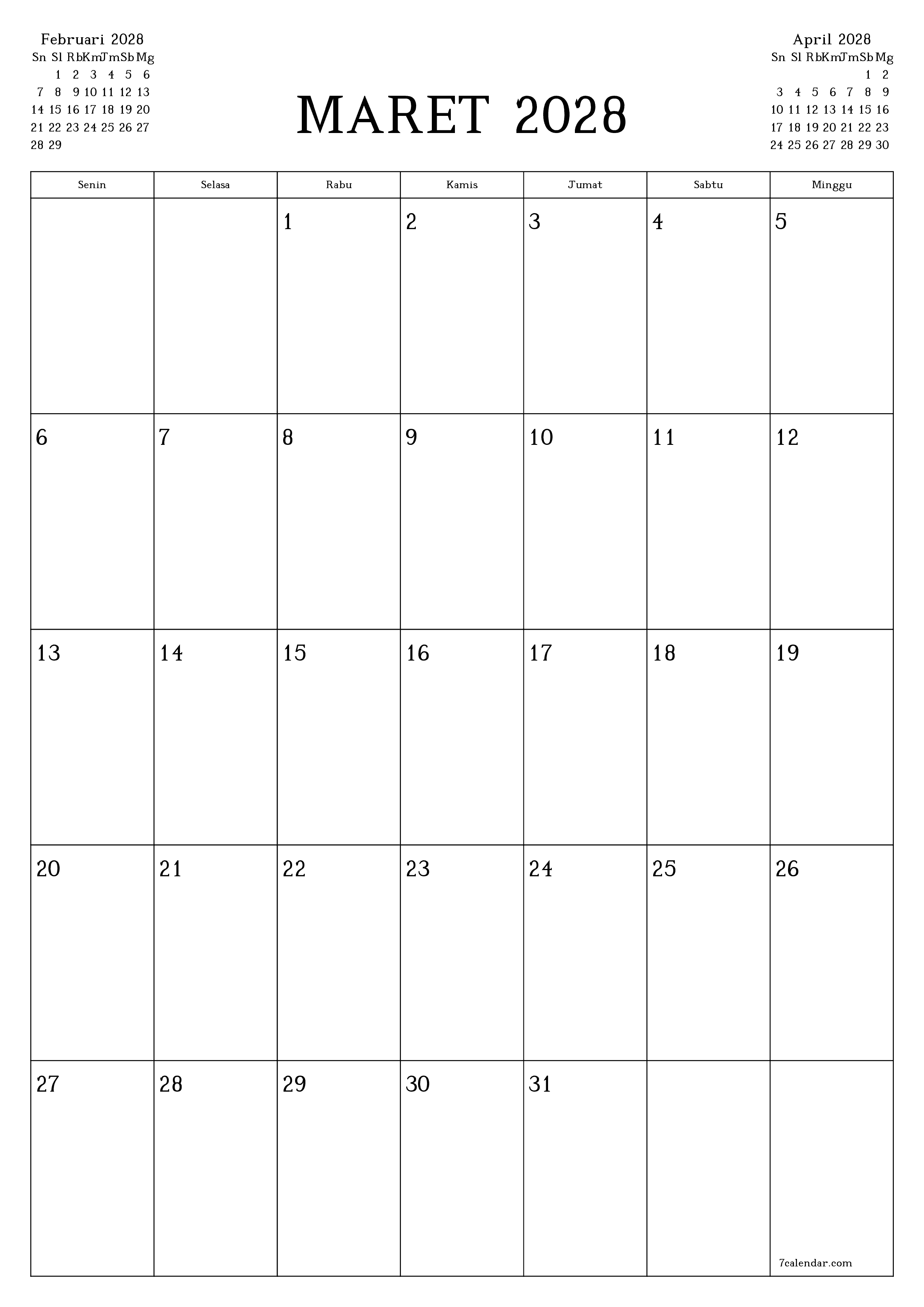Kosongkan agenda bulanan untuk bulan Maret 2028 dengan catatan, simpan dan cetak ke PDF PNG Indonesian