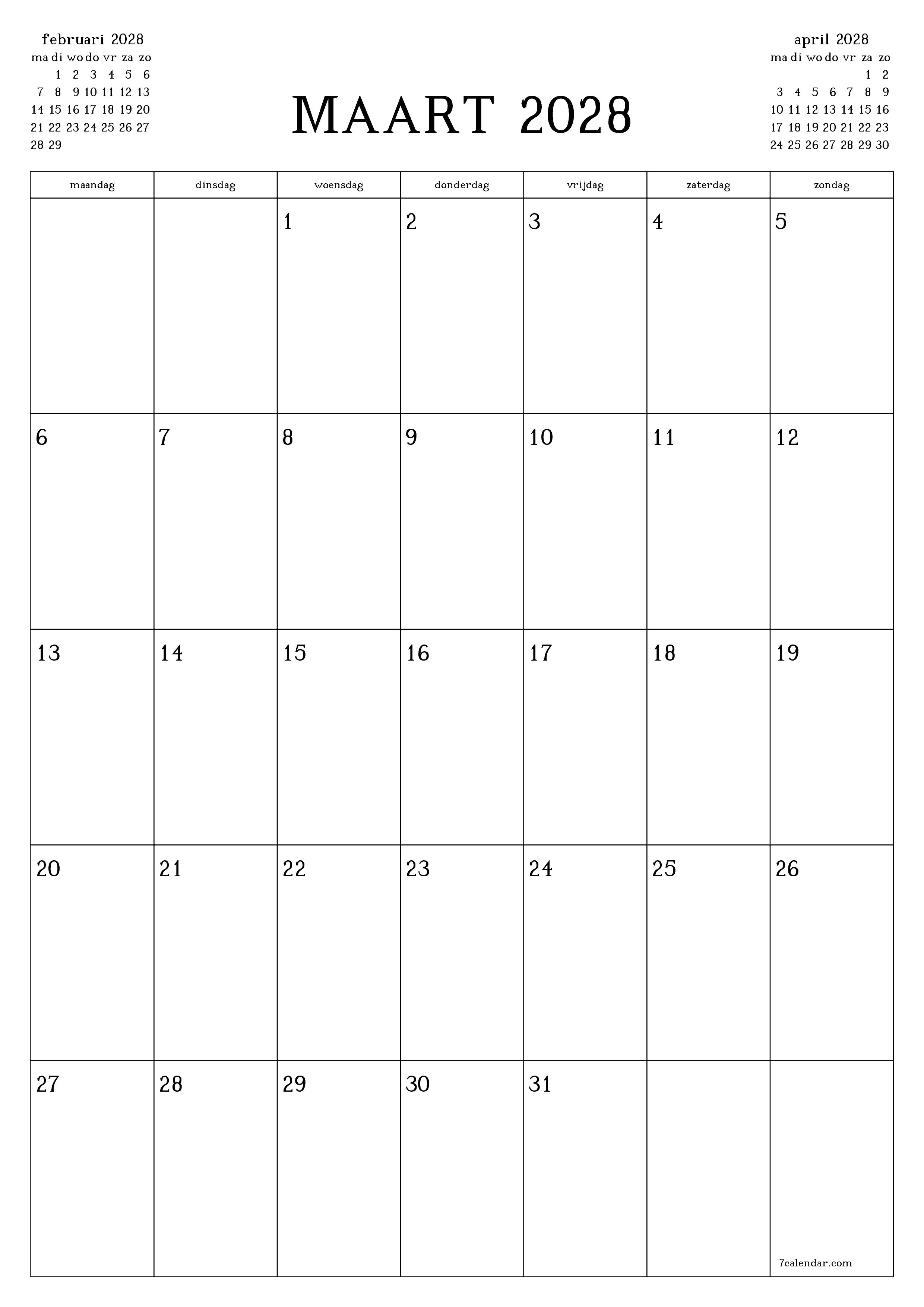 Lege maandplanner voor maand maart 2028 met notities, opslaan en afdrukken naar pdf PNG Dutch