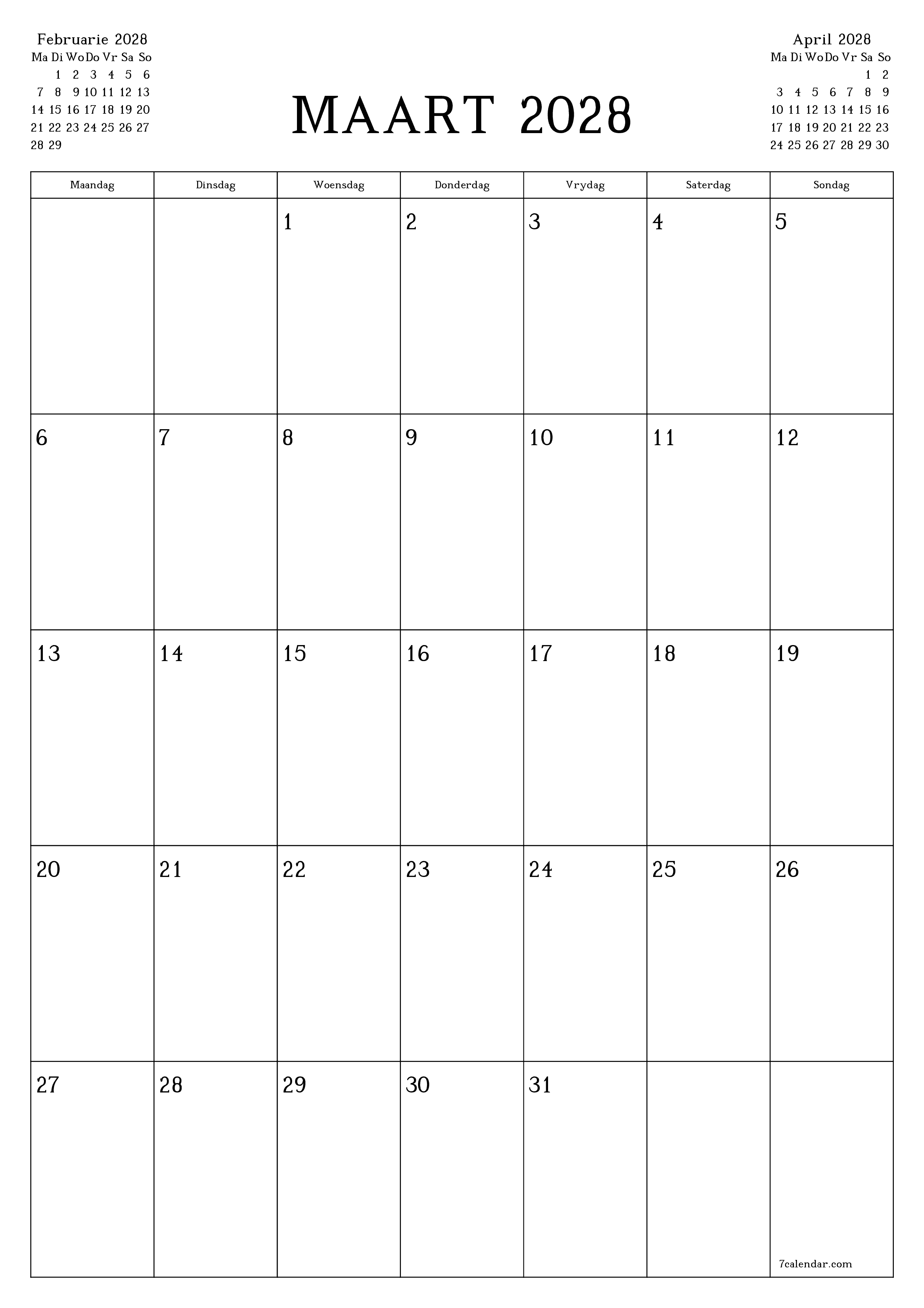 Leë maandelikse drukbare kalender en beplanner vir maand Maart 2028 met notas stoor en druk na PDF PNG Afrikaans