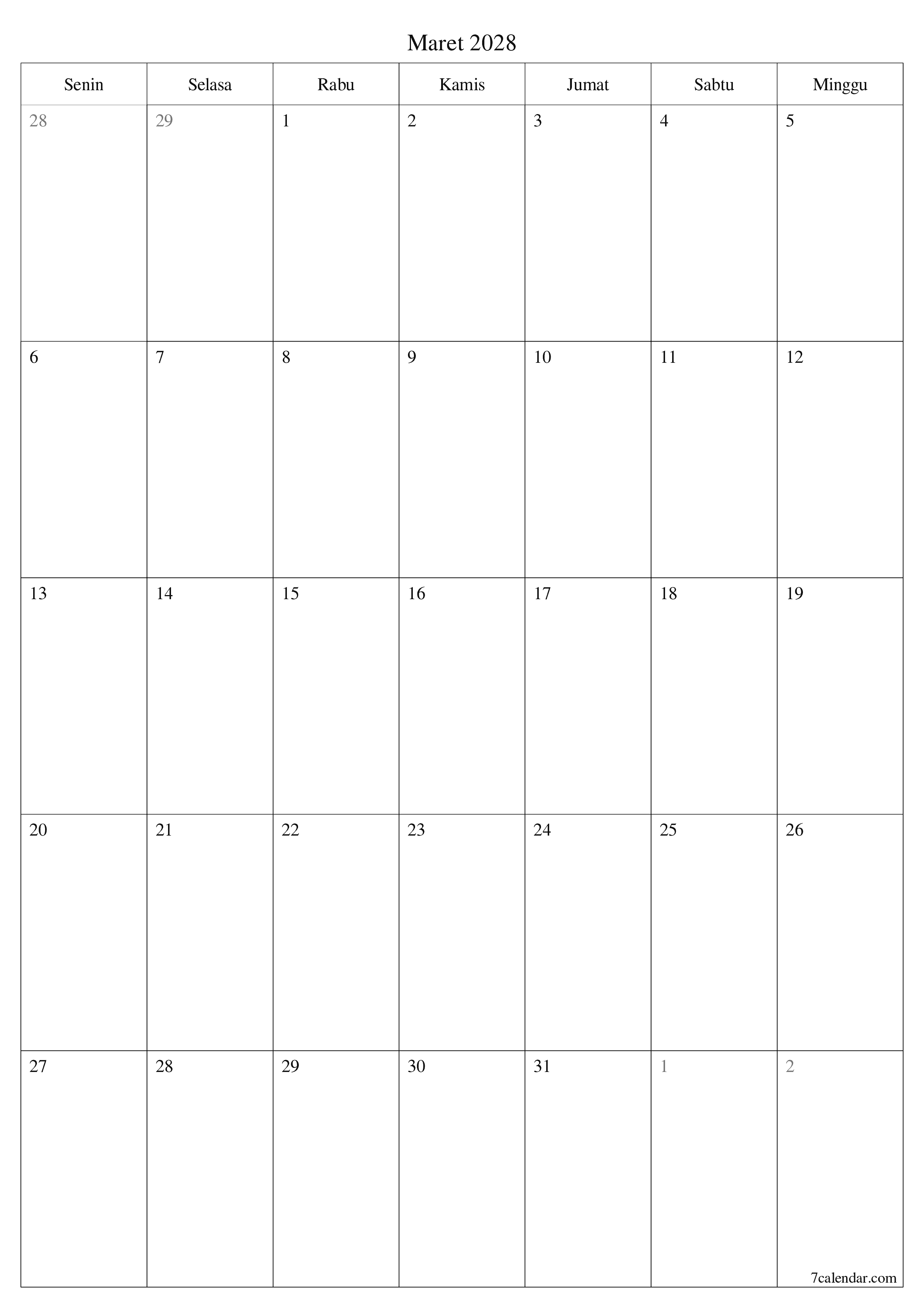 Kosongkan agenda bulanan untuk bulan Maret 2028 dengan catatan, simpan dan cetak ke PDF PNG Indonesian