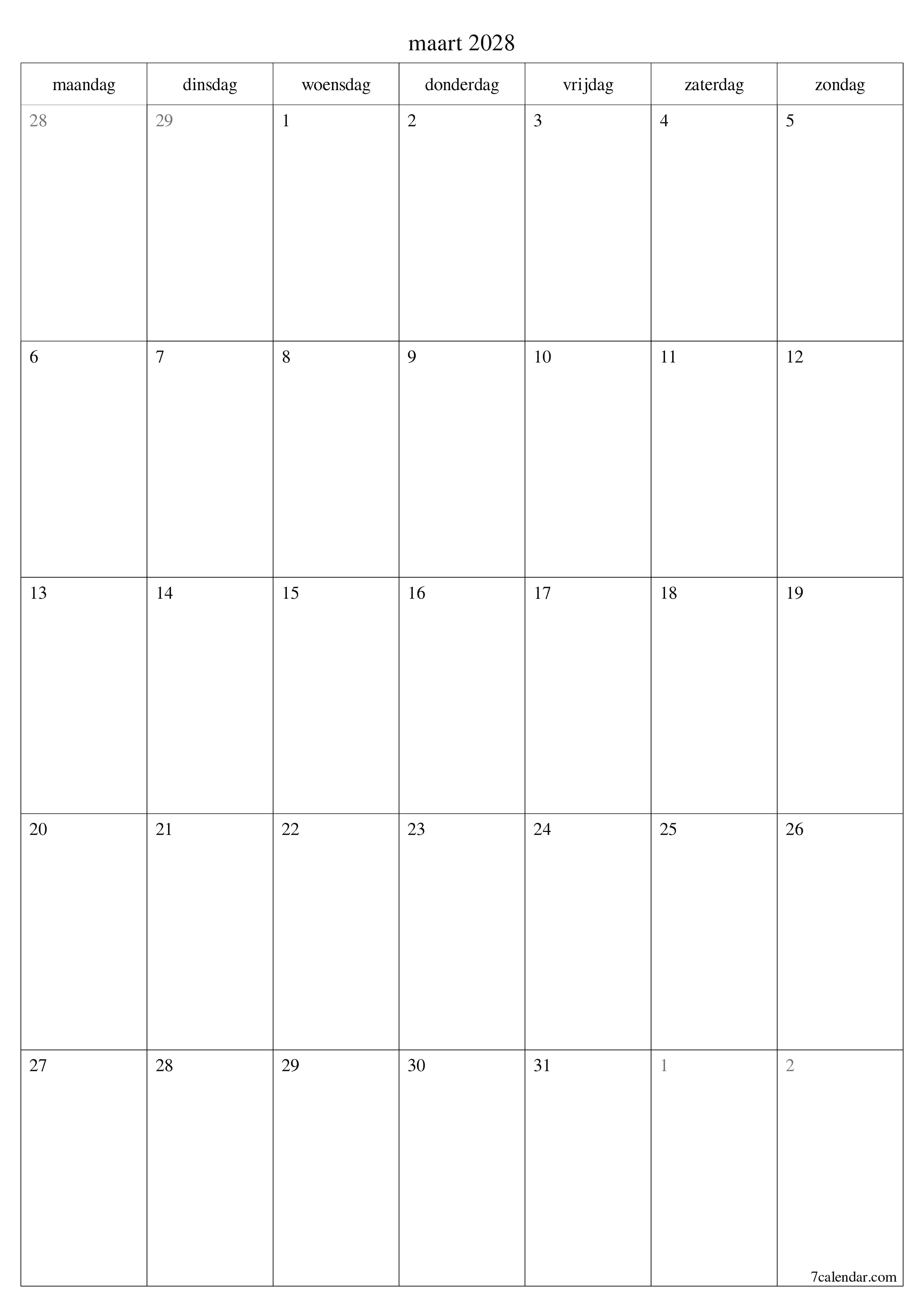 Lege maandplanner voor maand maart 2028 met notities, opslaan en afdrukken naar pdf PNG Dutch