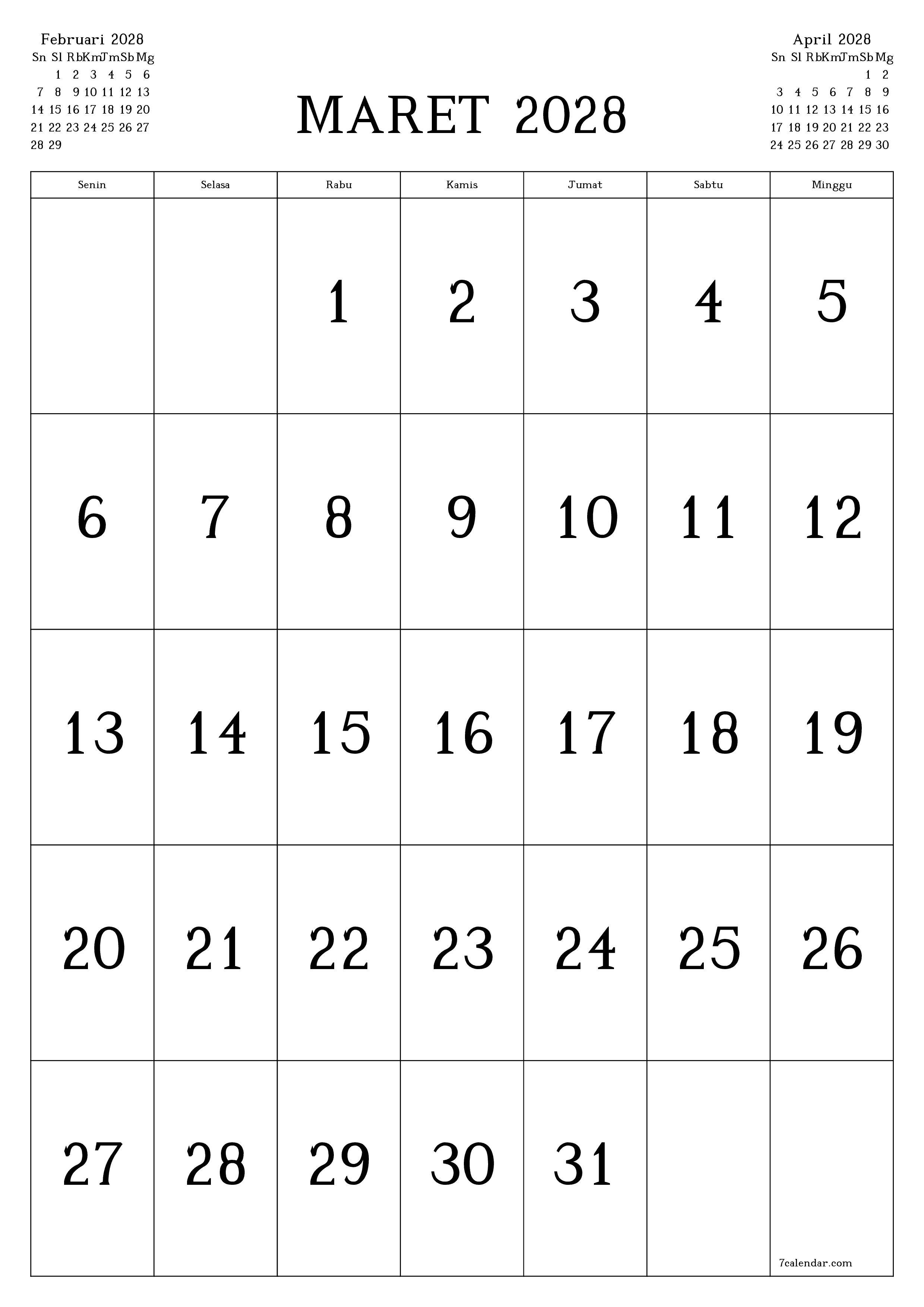 Kosongkan agenda bulanan untuk bulan Maret 2028 dengan catatan, simpan dan cetak ke PDF PNG Indonesian