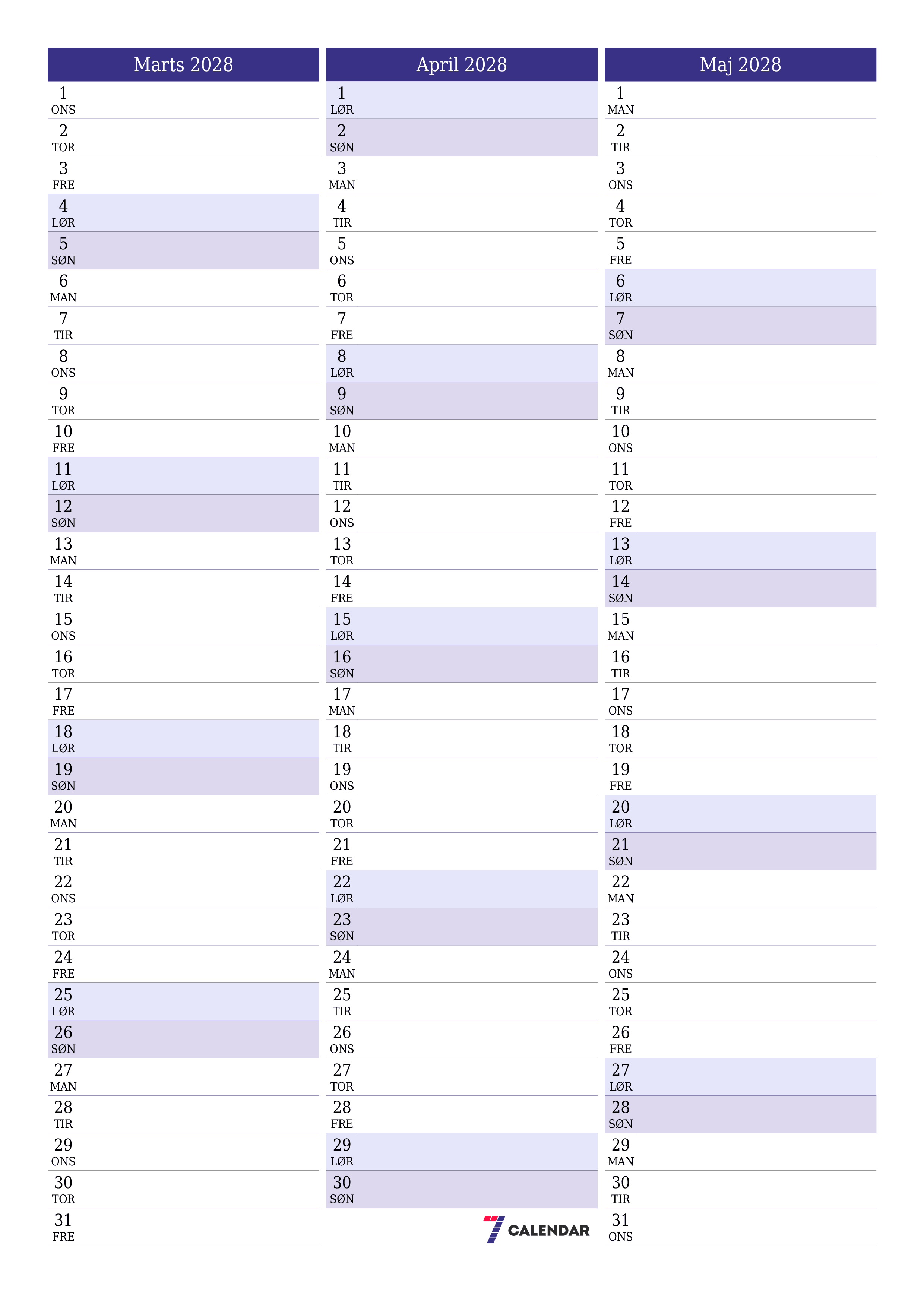 Tom månedlig planlægning for måned Marts 2028 med noter, gem og udskriv til PDF PNG Danish