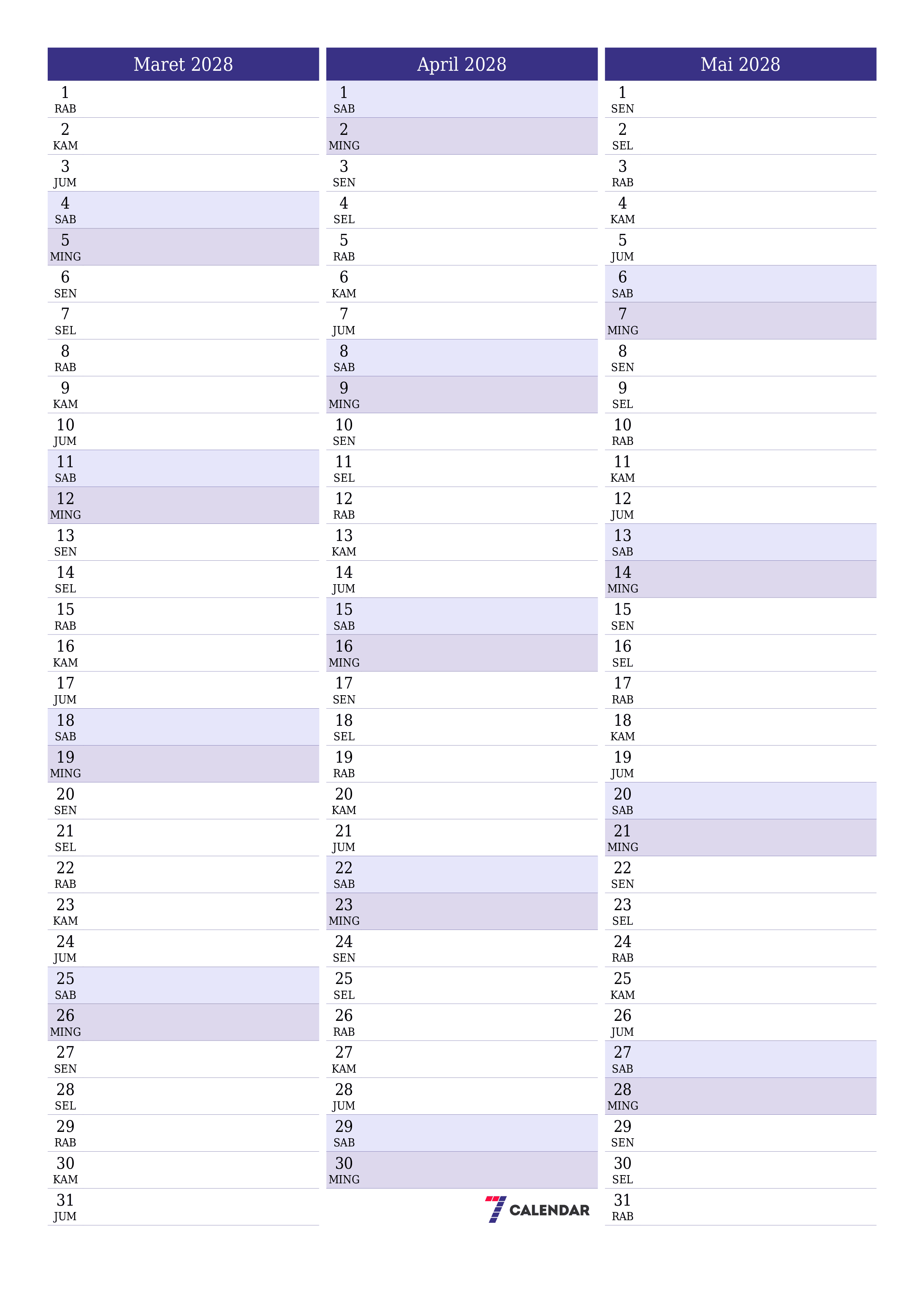 Kosongkan agenda bulanan untuk bulan Maret 2028 dengan catatan, simpan dan cetak ke PDF PNG Indonesian