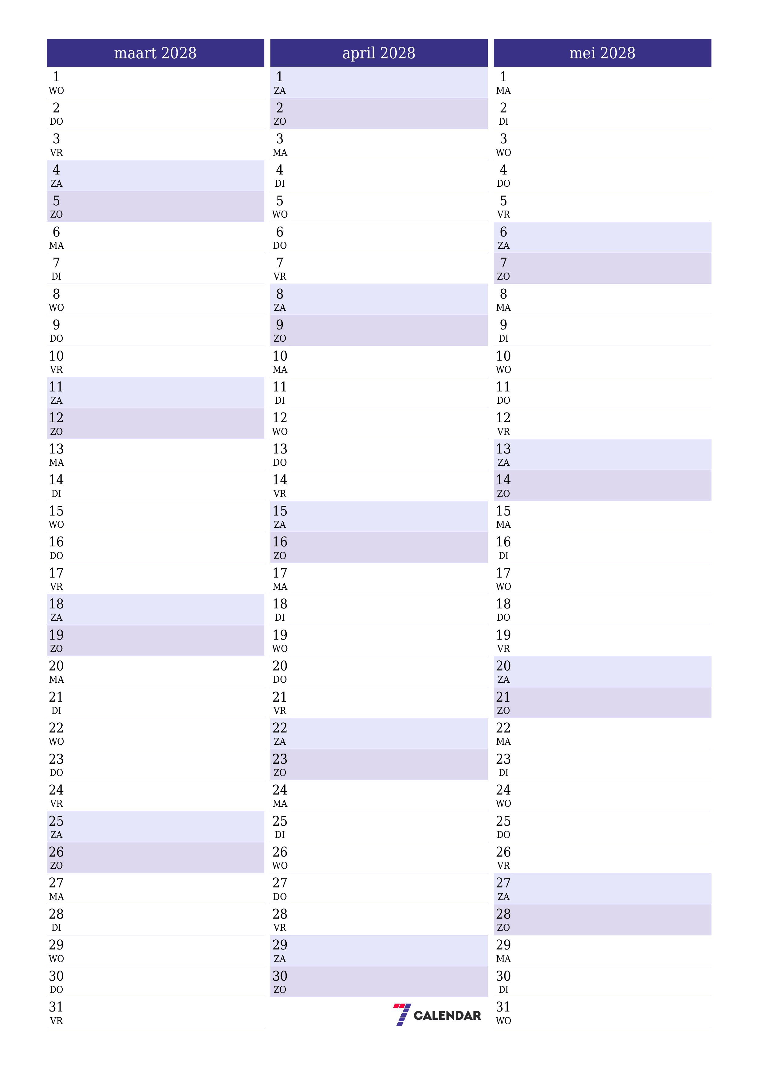 Lege maandplanner voor maand maart 2028 met notities, opslaan en afdrukken naar pdf PNG Dutch