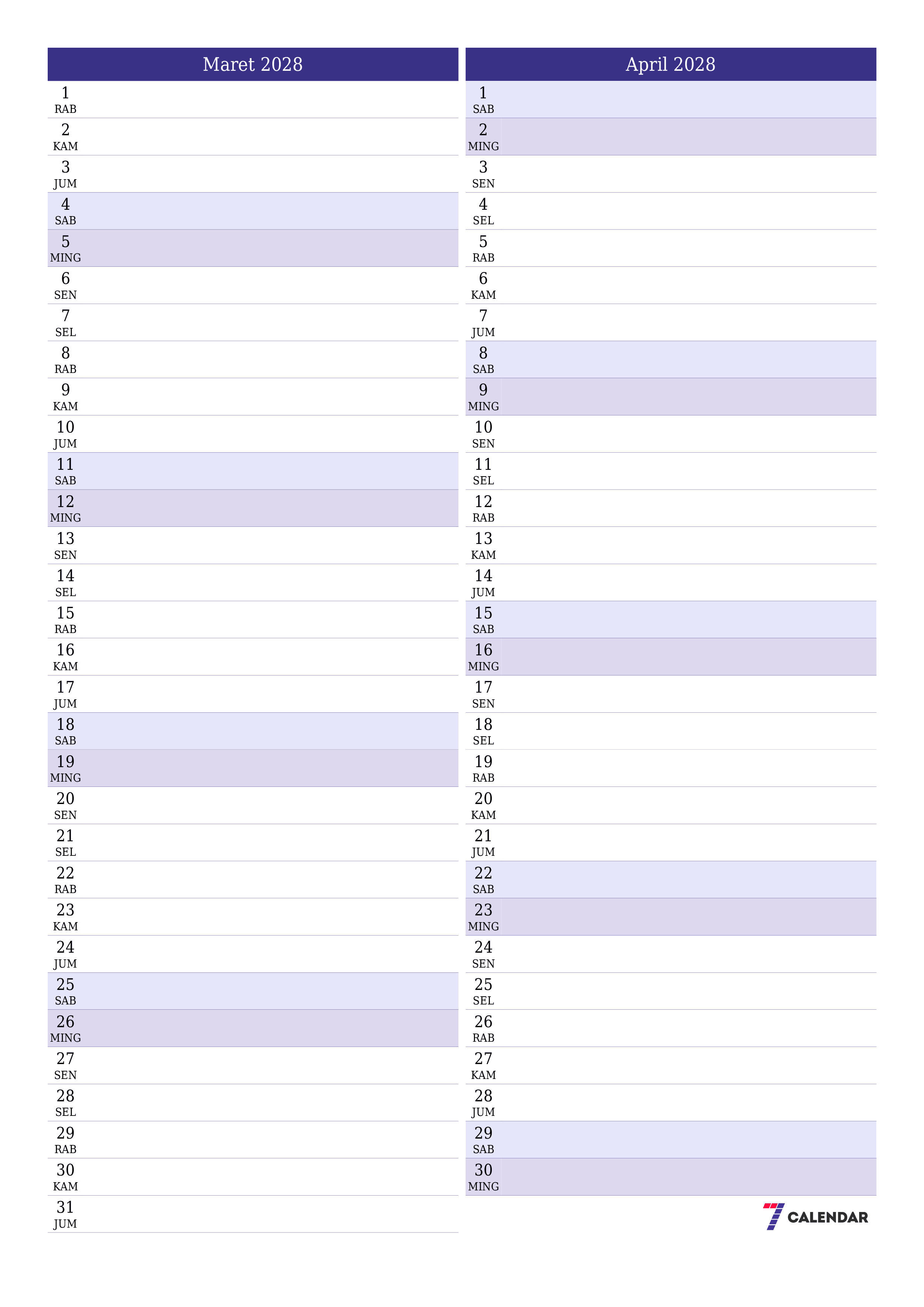 Kosongkan agenda bulanan untuk bulan Maret 2028 dengan catatan, simpan dan cetak ke PDF PNG Indonesian