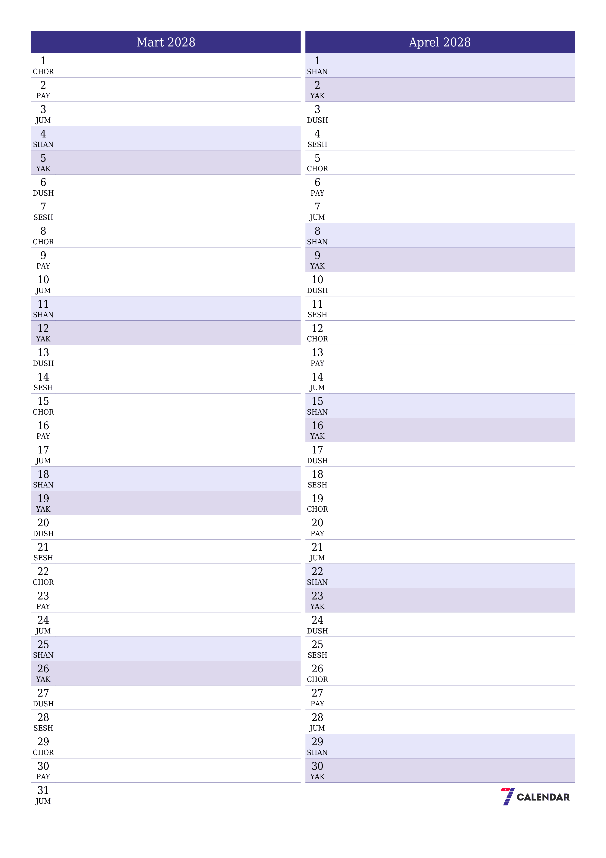 Mart 2028 oylik oylik rejalashtiruvchini yozuvlar bilan bo'shatish, saqlash va PDF-ga chop etish PNG Uzbek