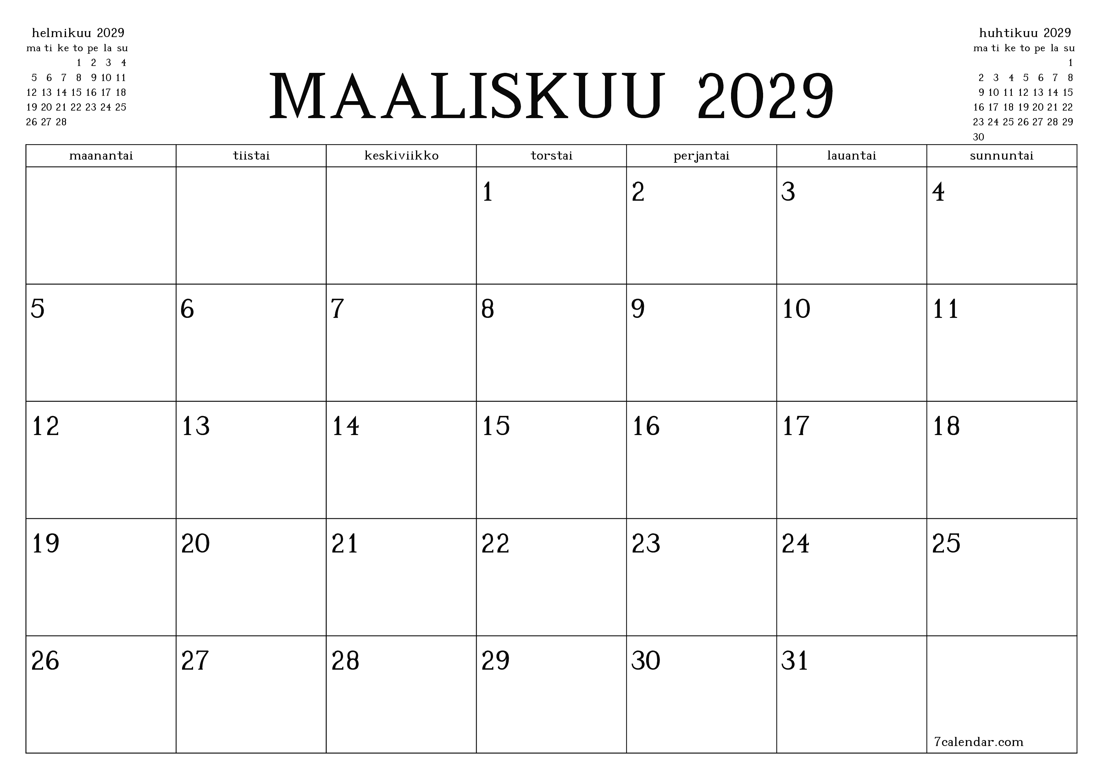 Tyhjennä kuukausittainen suunnittelija kuukaudelle Maaliskuu 2029 muistiinpanoilla, tallenna ja tulosta PDF-muotoon PNG Finnish