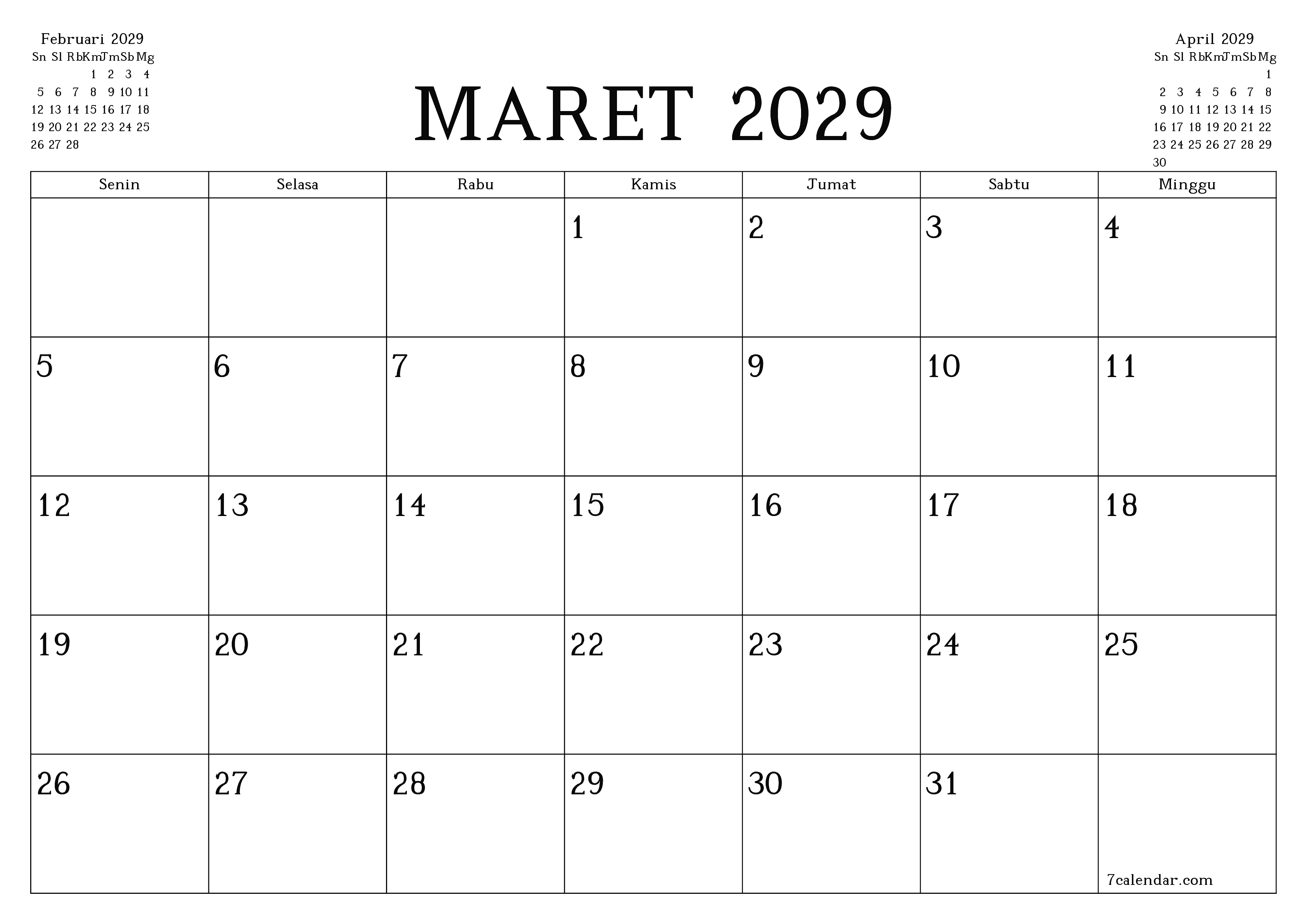 Kosongkan agenda bulanan untuk bulan Maret 2029 dengan catatan, simpan dan cetak ke PDF PNG Indonesian