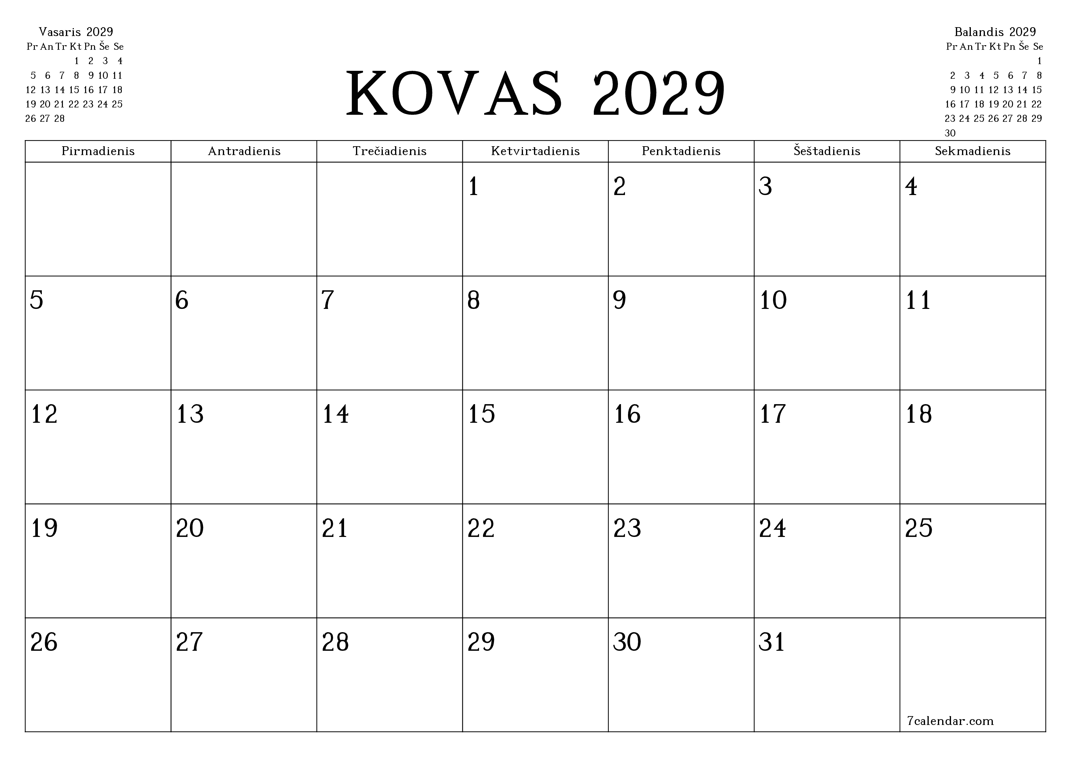 Ištuštinti mėnesio Kovas 2029 mėnesio planavimo priemonę su užrašais, išsaugoti ir atsispausdinti PDF formate PNG Lithuanian