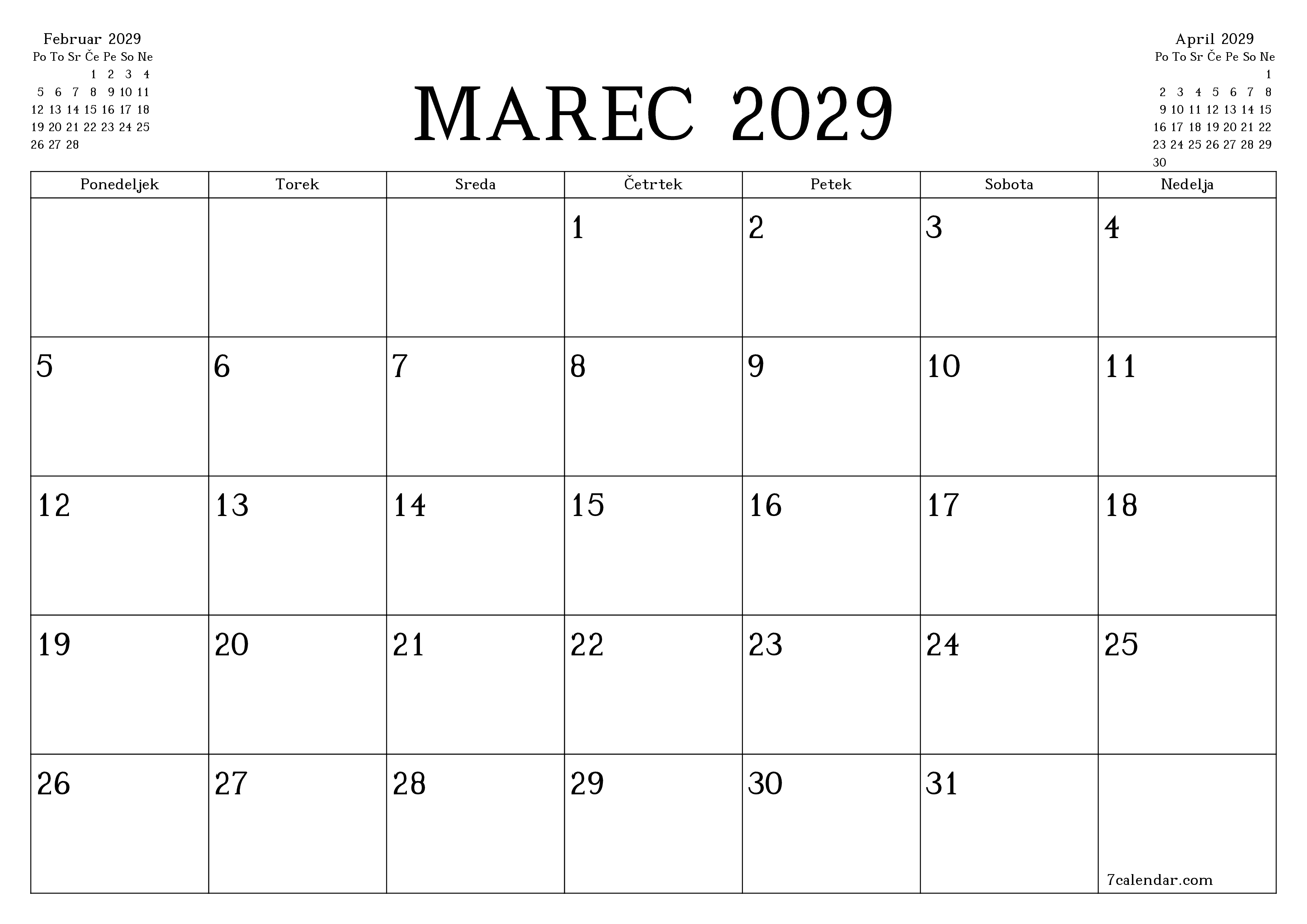 Prazen mesečni načrtovalec koledarja za mesec Marec 2029 z opombami, natisnjenimi v PDF PNG Slovenian