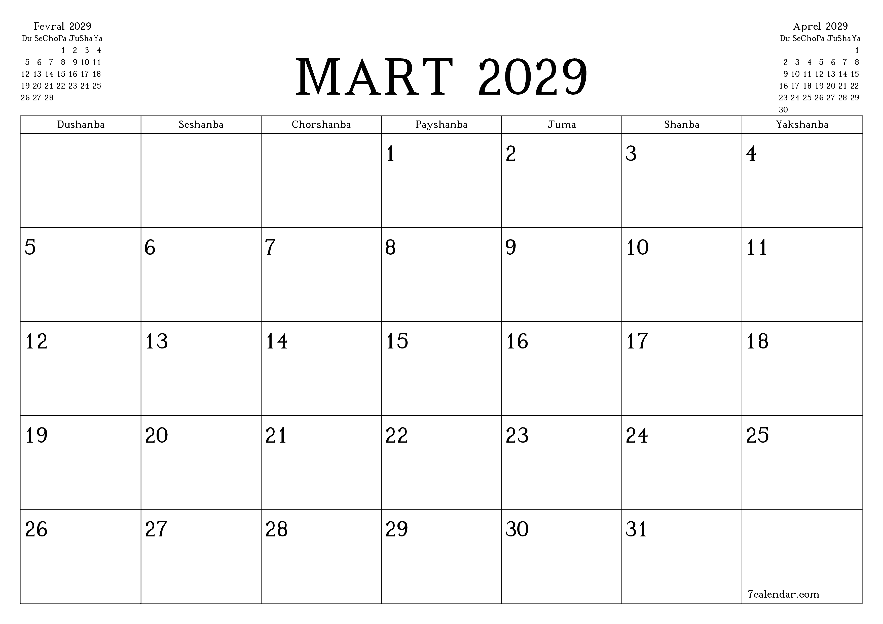 Mart 2029 oylik oylik rejalashtiruvchini yozuvlar bilan bo'shatish, saqlash va PDF-ga chop etish PNG Uzbek