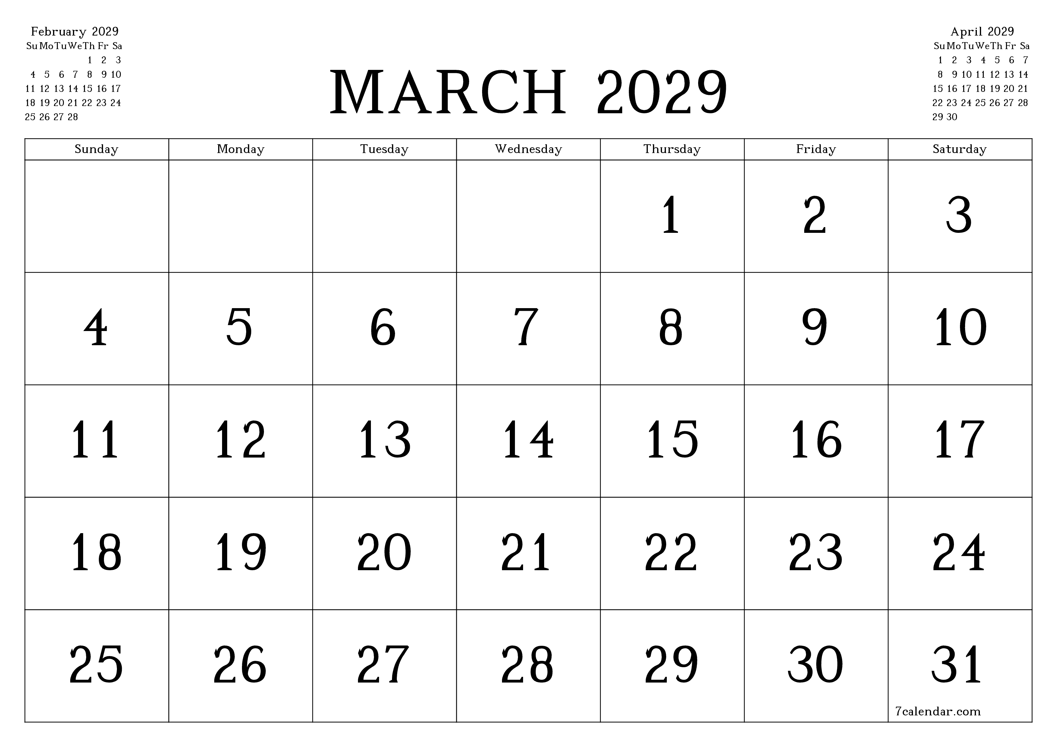 Blank calendar March 2029