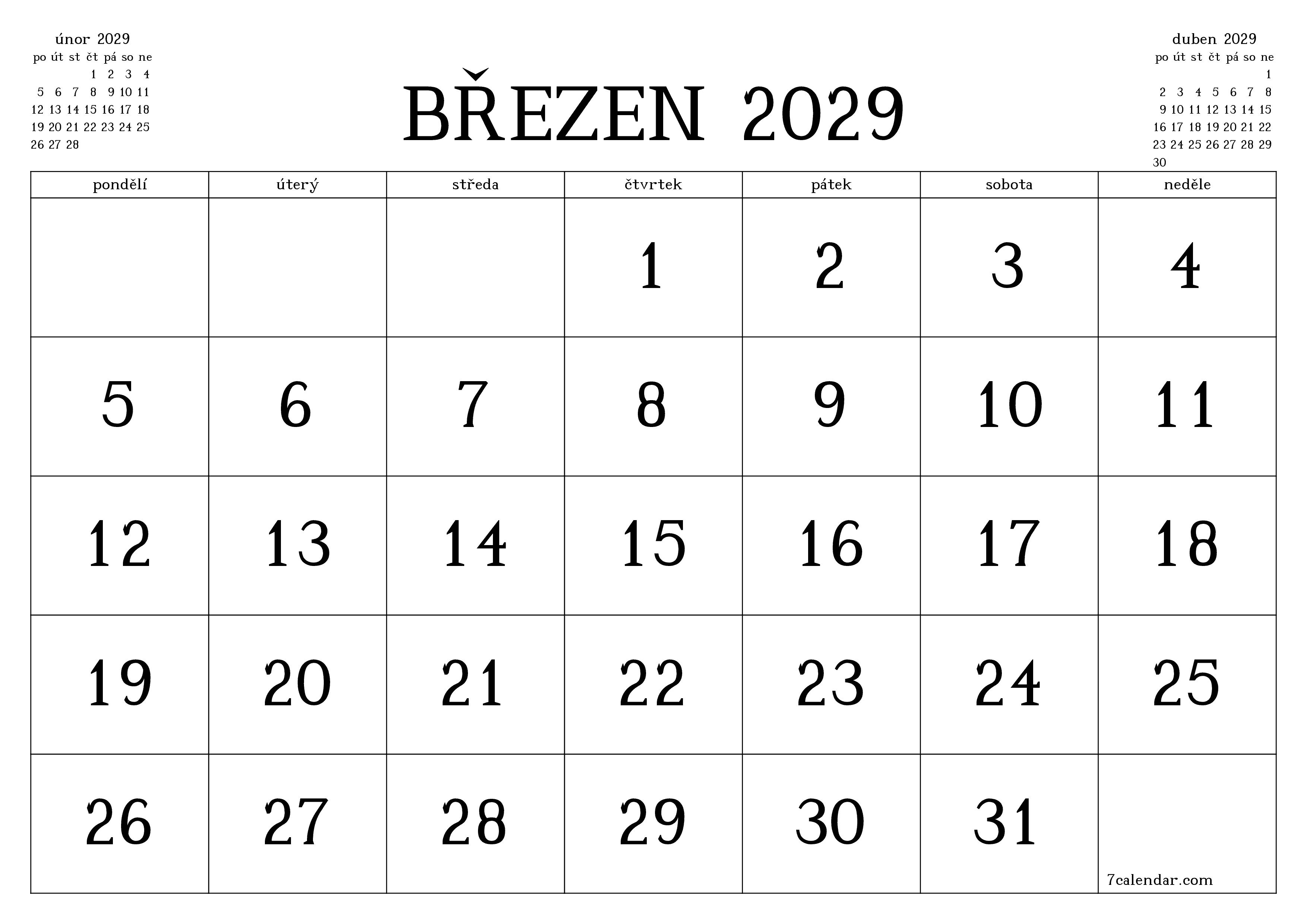 Vyprázdnit měsíční plánovač na měsíc březen 2029 s poznámkami, uložit a vytisknout do PDF PNG Czech