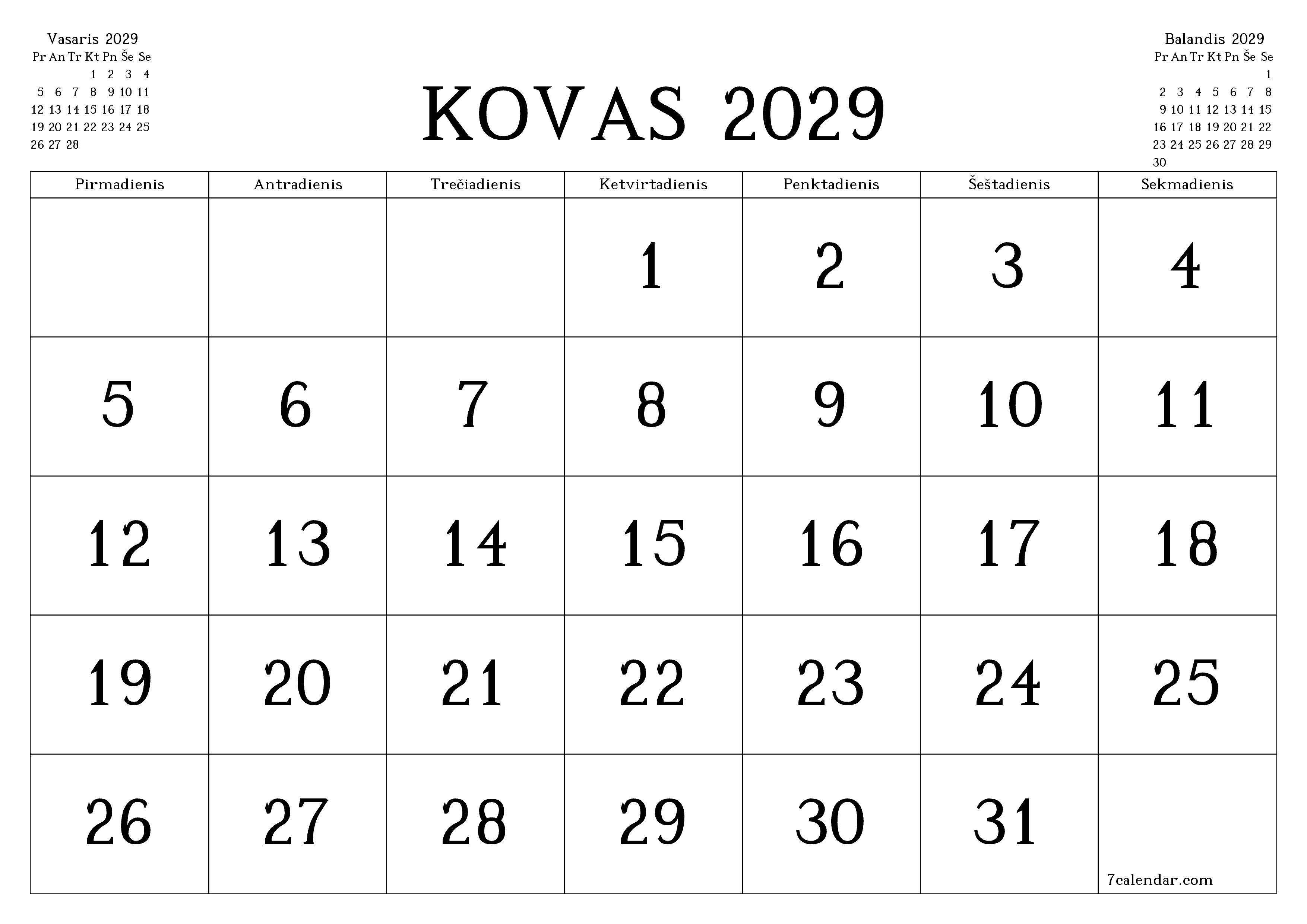 Ištuštinti mėnesio Kovas 2029 mėnesio planavimo priemonę su užrašais, išsaugoti ir atsispausdinti PDF formate PNG Lithuanian