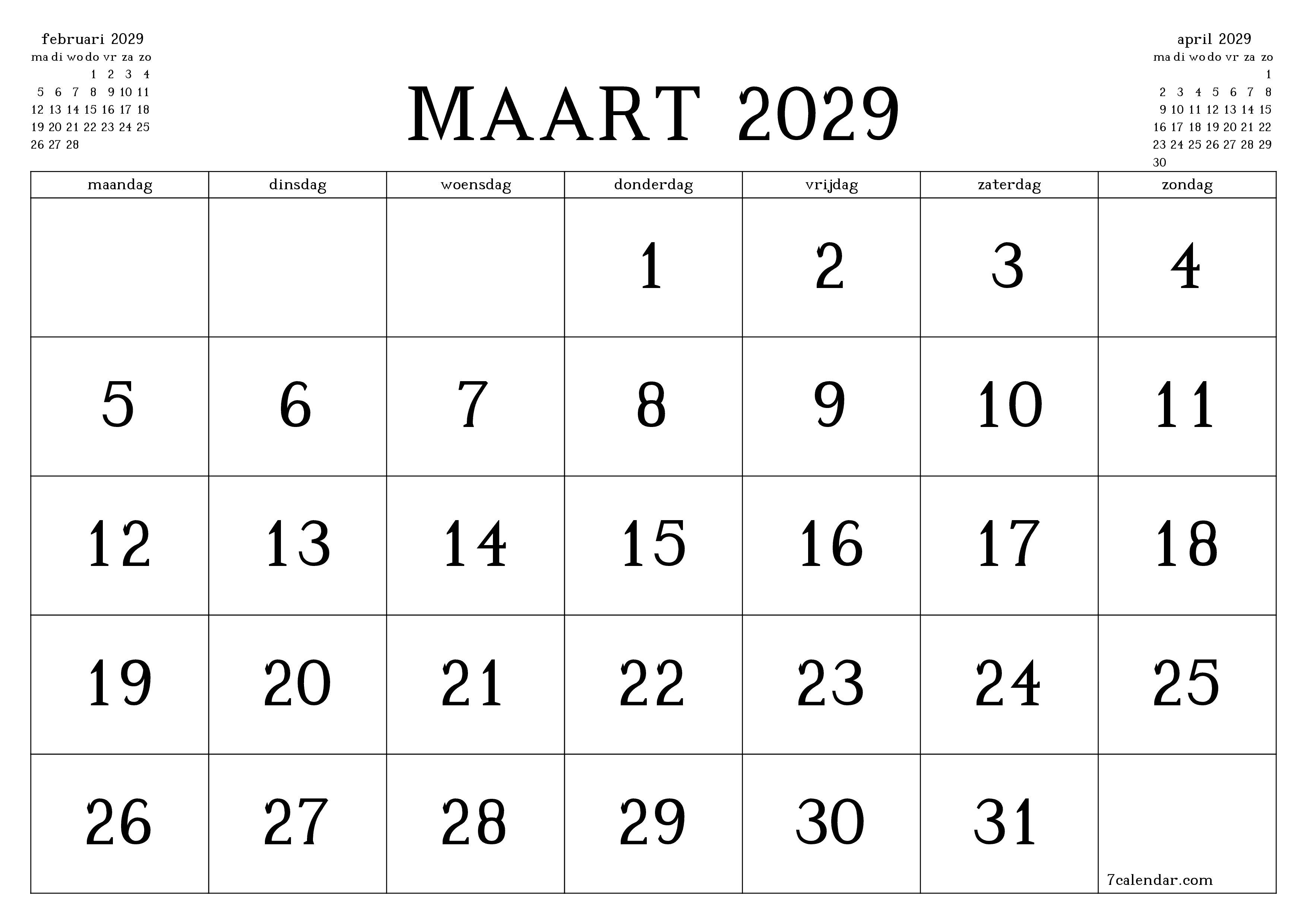 Lege maandplanner voor maand maart 2029 met notities, opslaan en afdrukken naar pdf PNG Dutch