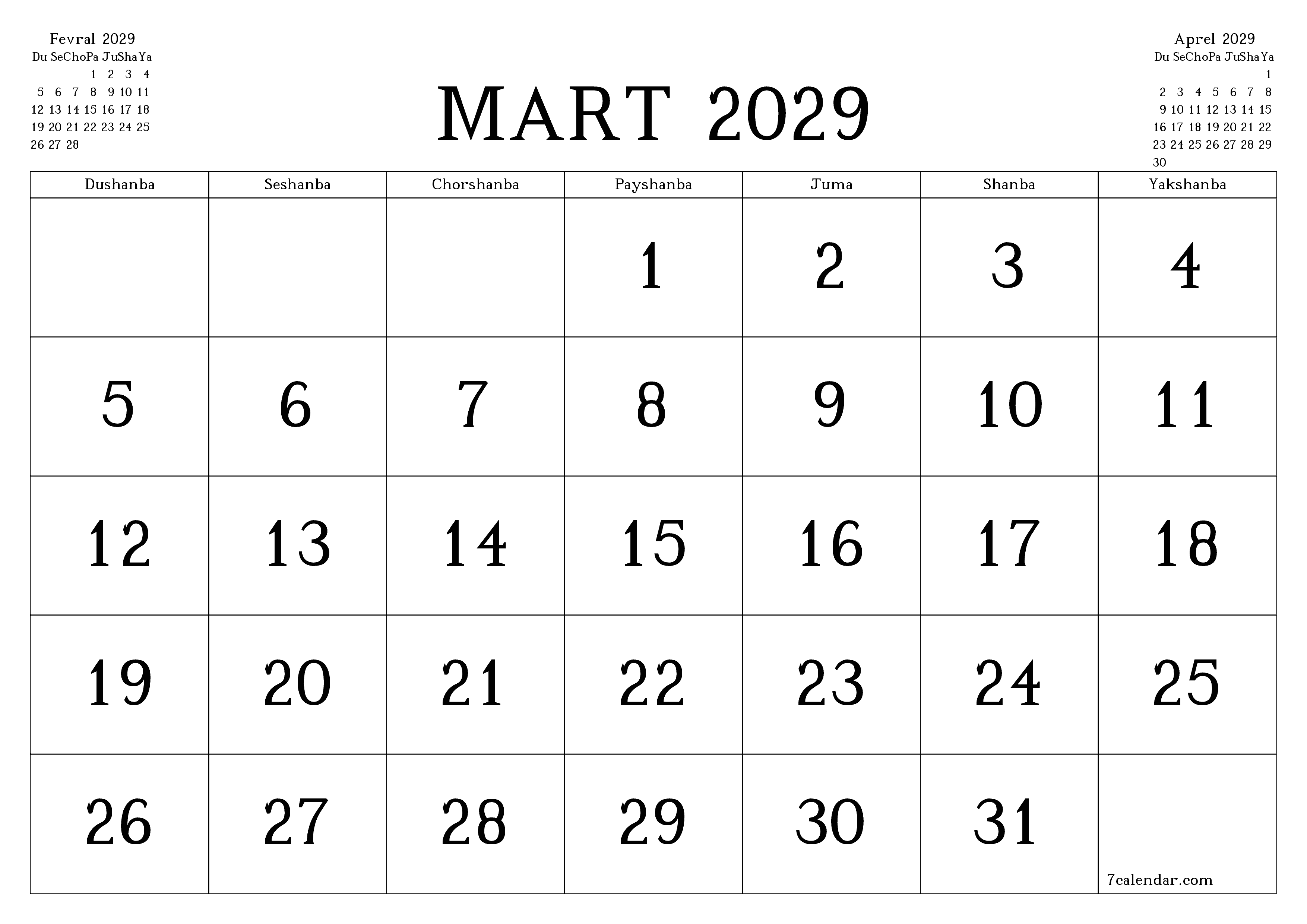Mart 2029 oylik oylik rejalashtiruvchini yozuvlar bilan bo'shatish, saqlash va PDF-ga chop etish PNG Uzbek