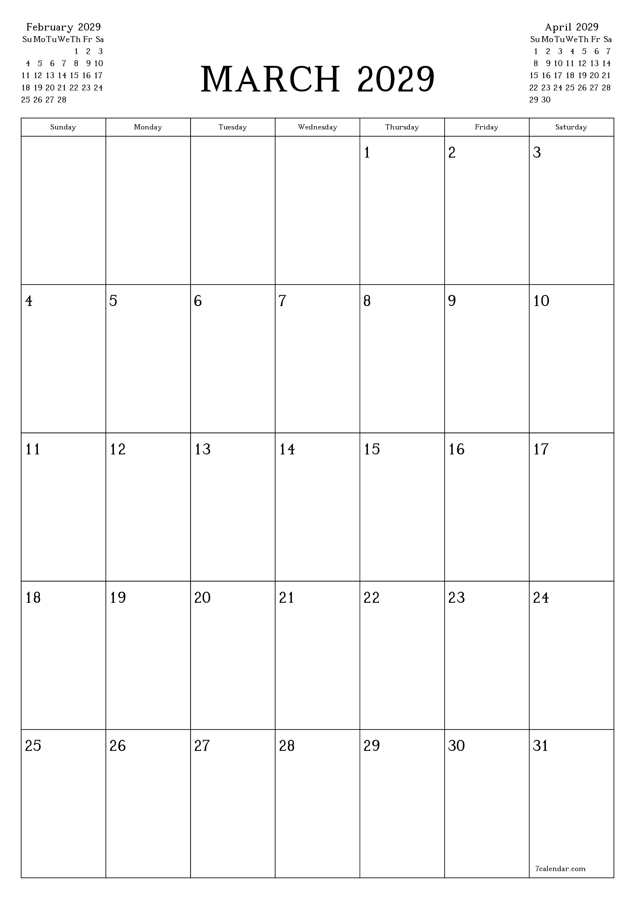 Blank calendar March 2029