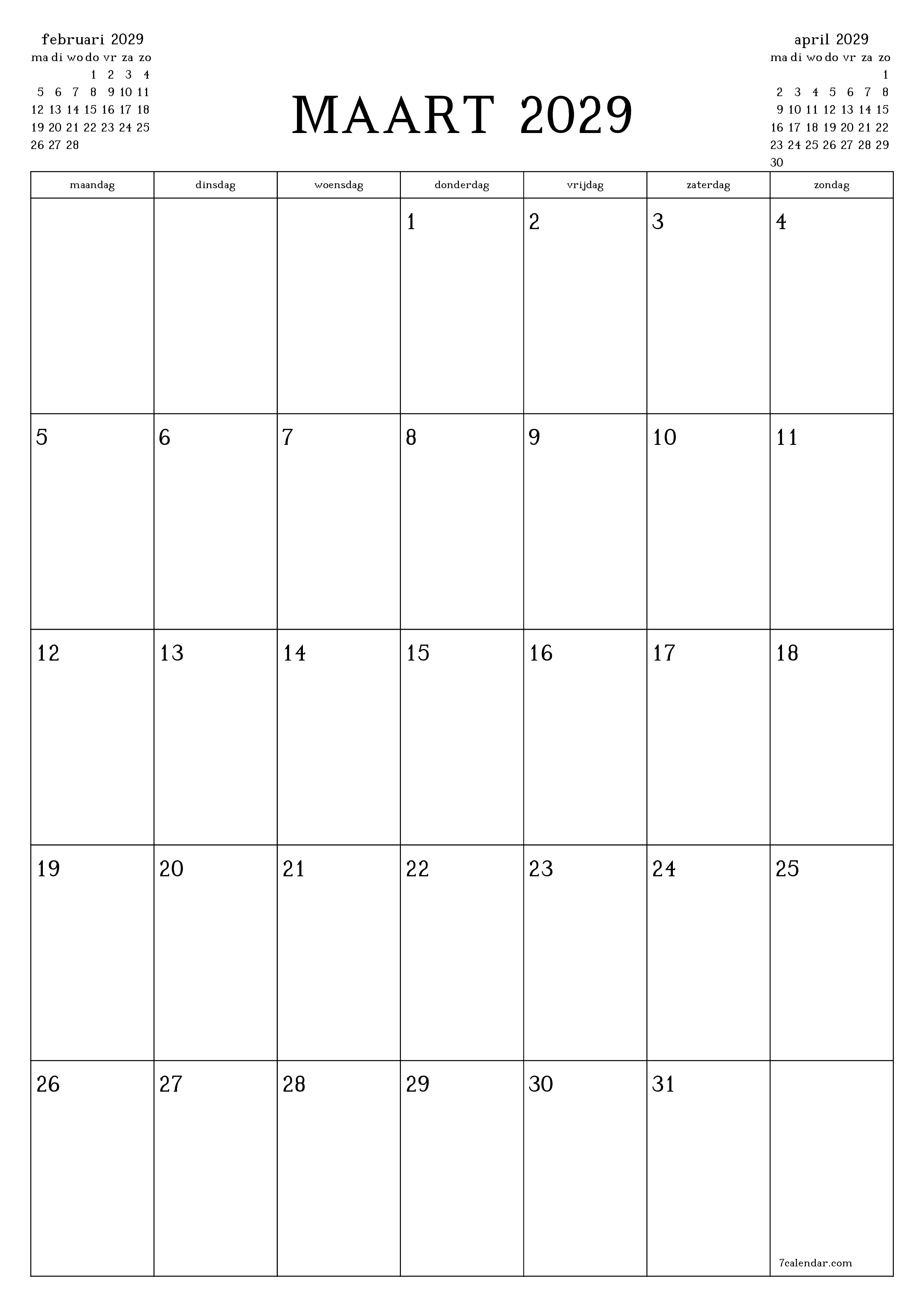 afdrukbare muur sjabloon gratis verticaal Maandelijks planner kalender maart (mrt) 2029