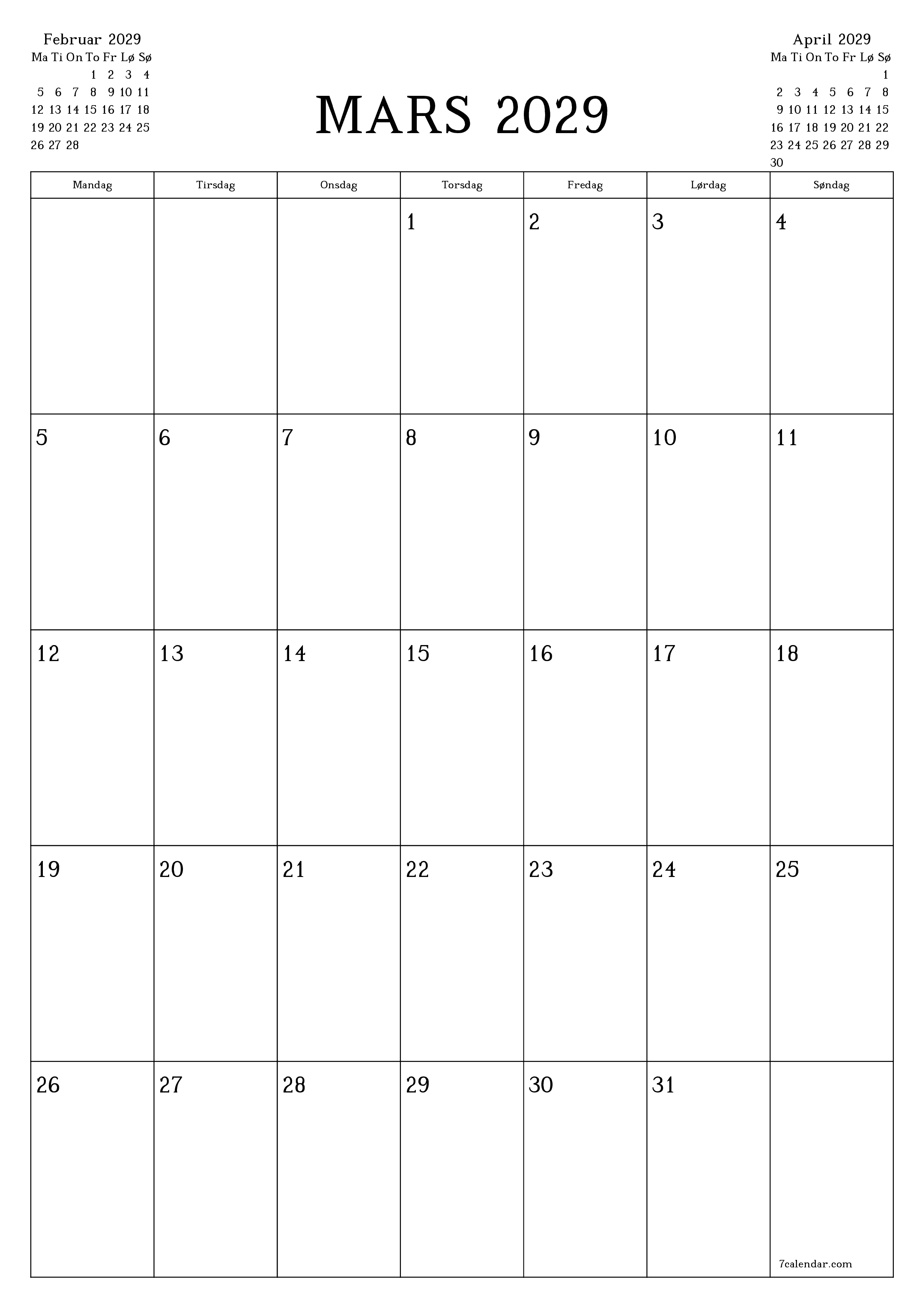 utskrivbar vegg mal gratis vertikal Månedlig planlegger kalender Mars (Mar) 2029