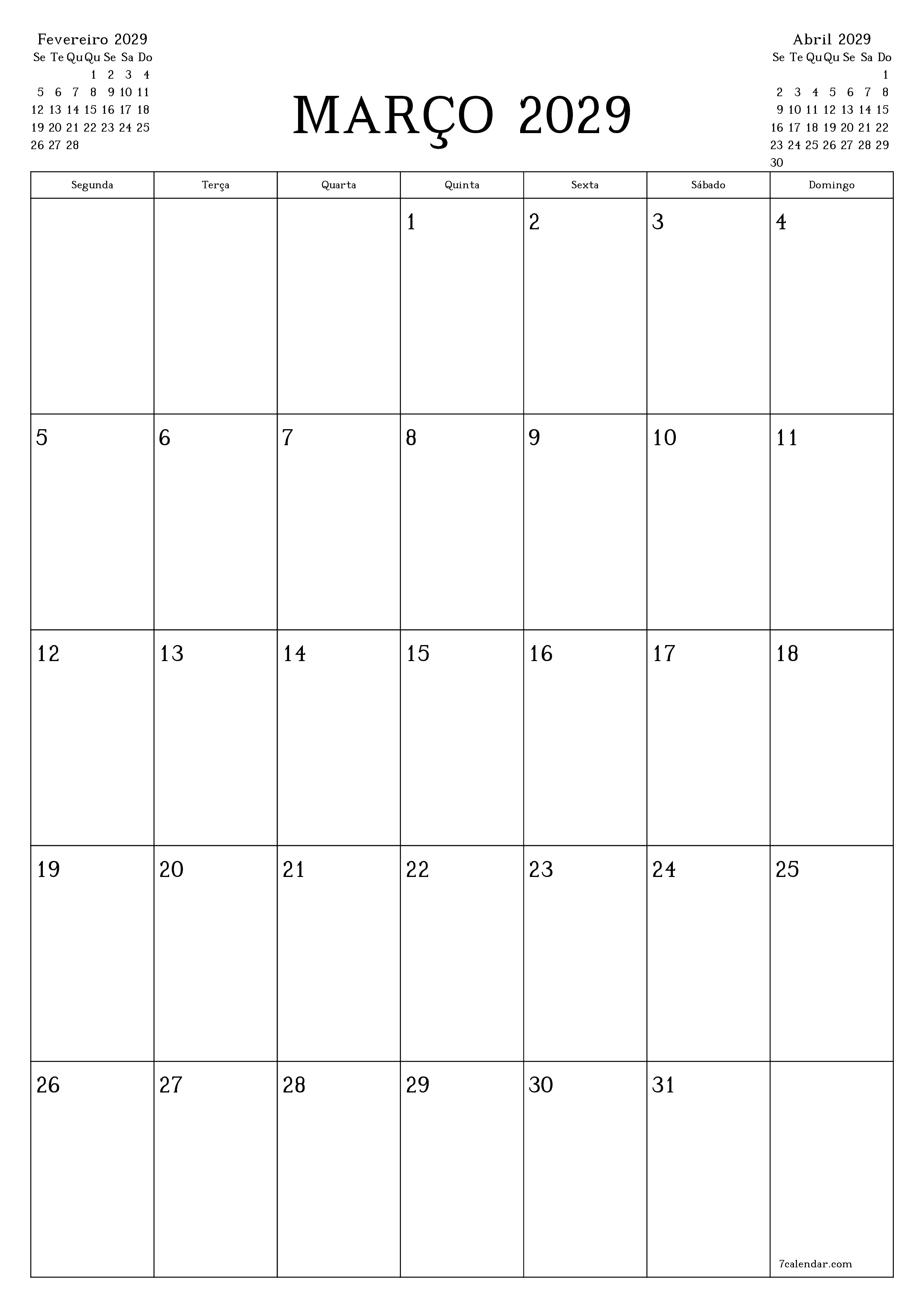  para impressão de parede modelo de grátisvertical Mensal planejador calendário Março (Mar) 2029