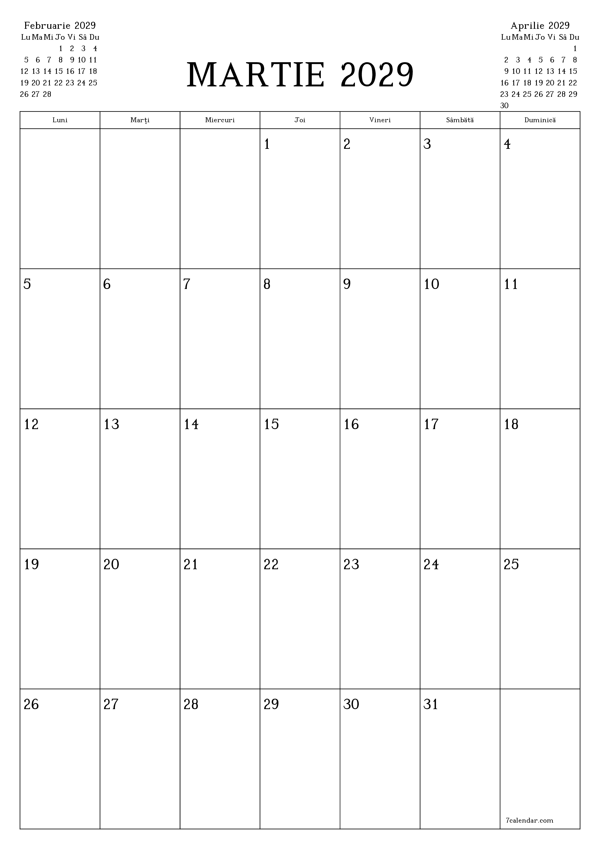  imprimabil de perete șablon de gratuitvertical Lunar planificator calendar Martie (Mar) 2029