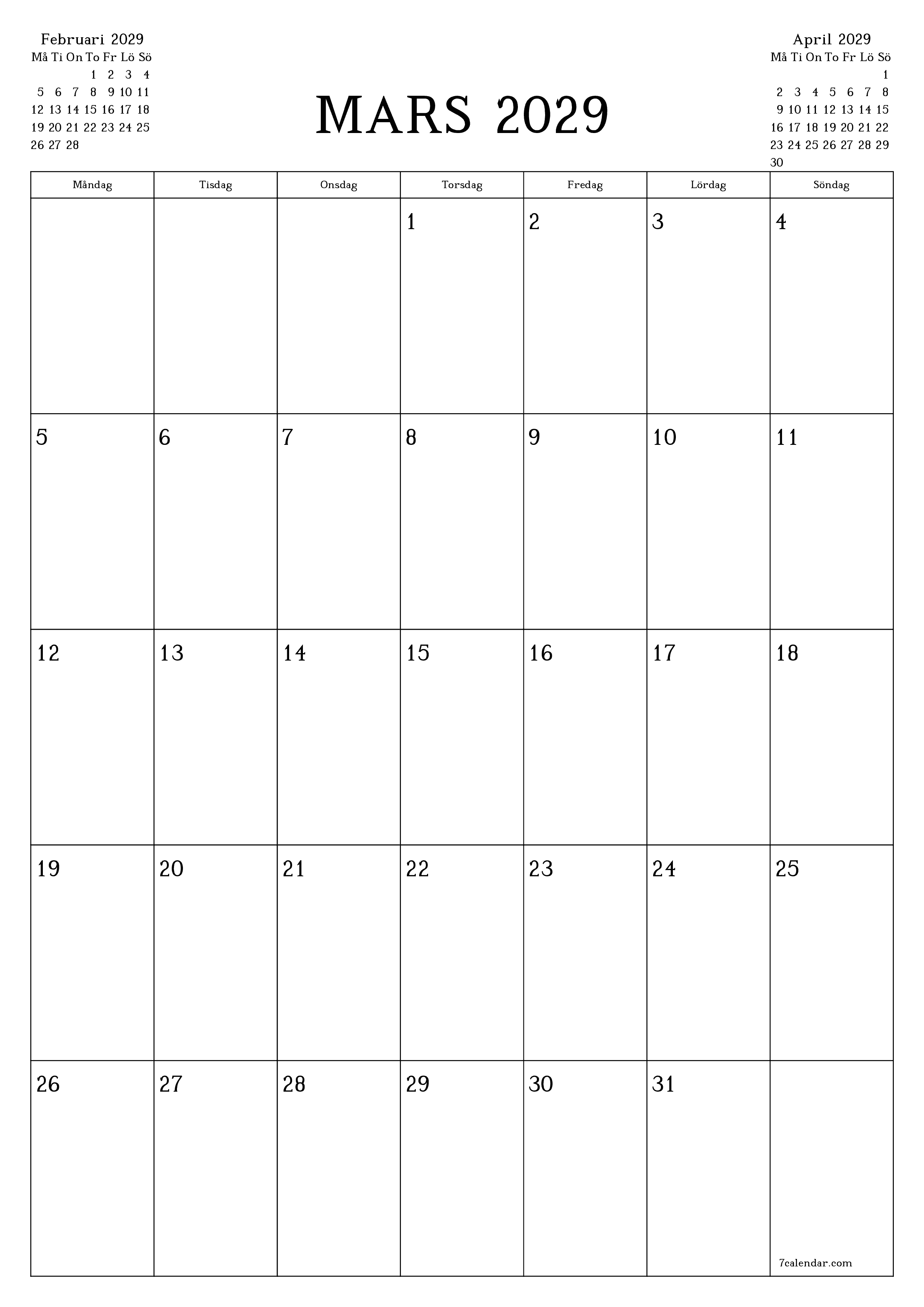 utskrivbar vägg mall gratis vertikal Månatlig planerare kalender Mars (Mar) 2029