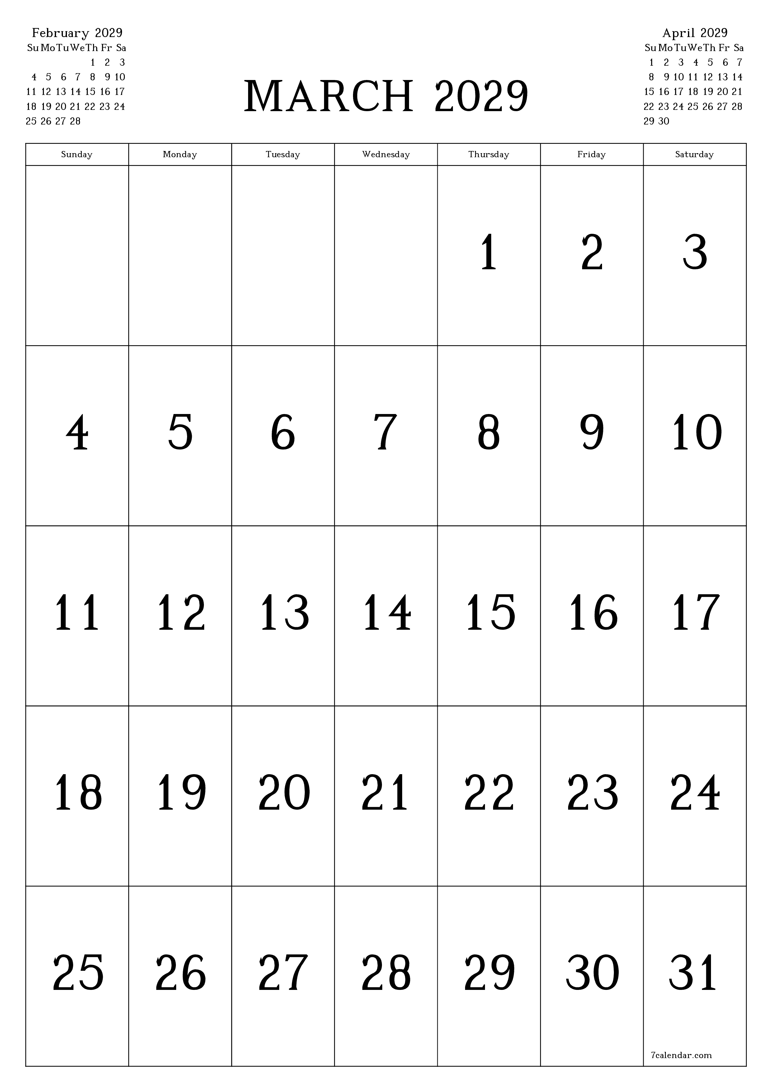 Blank calendar March 2029