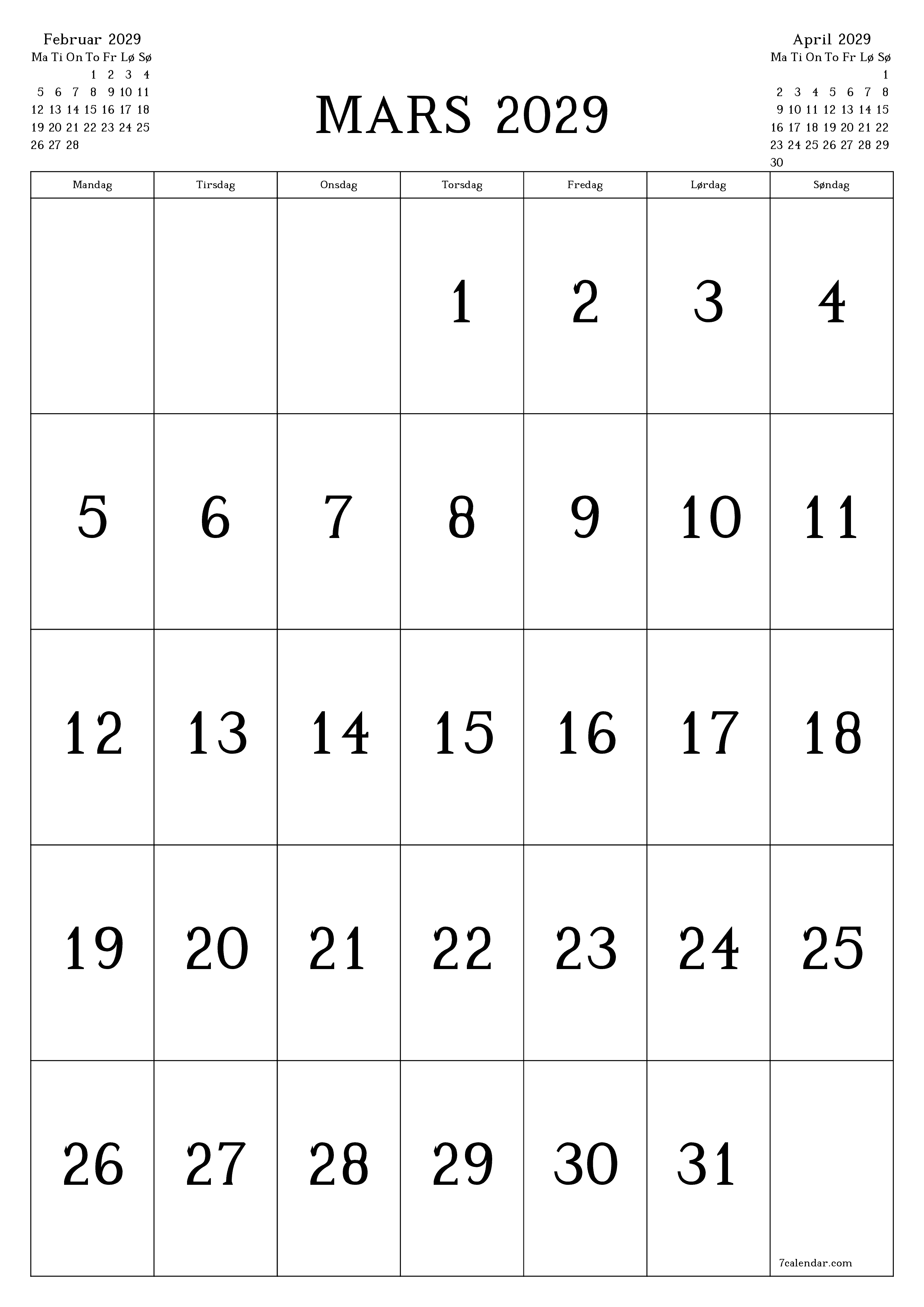 utskrivbar vegg mal gratis vertikal Månedlig kalender Mars (Mar) 2029
