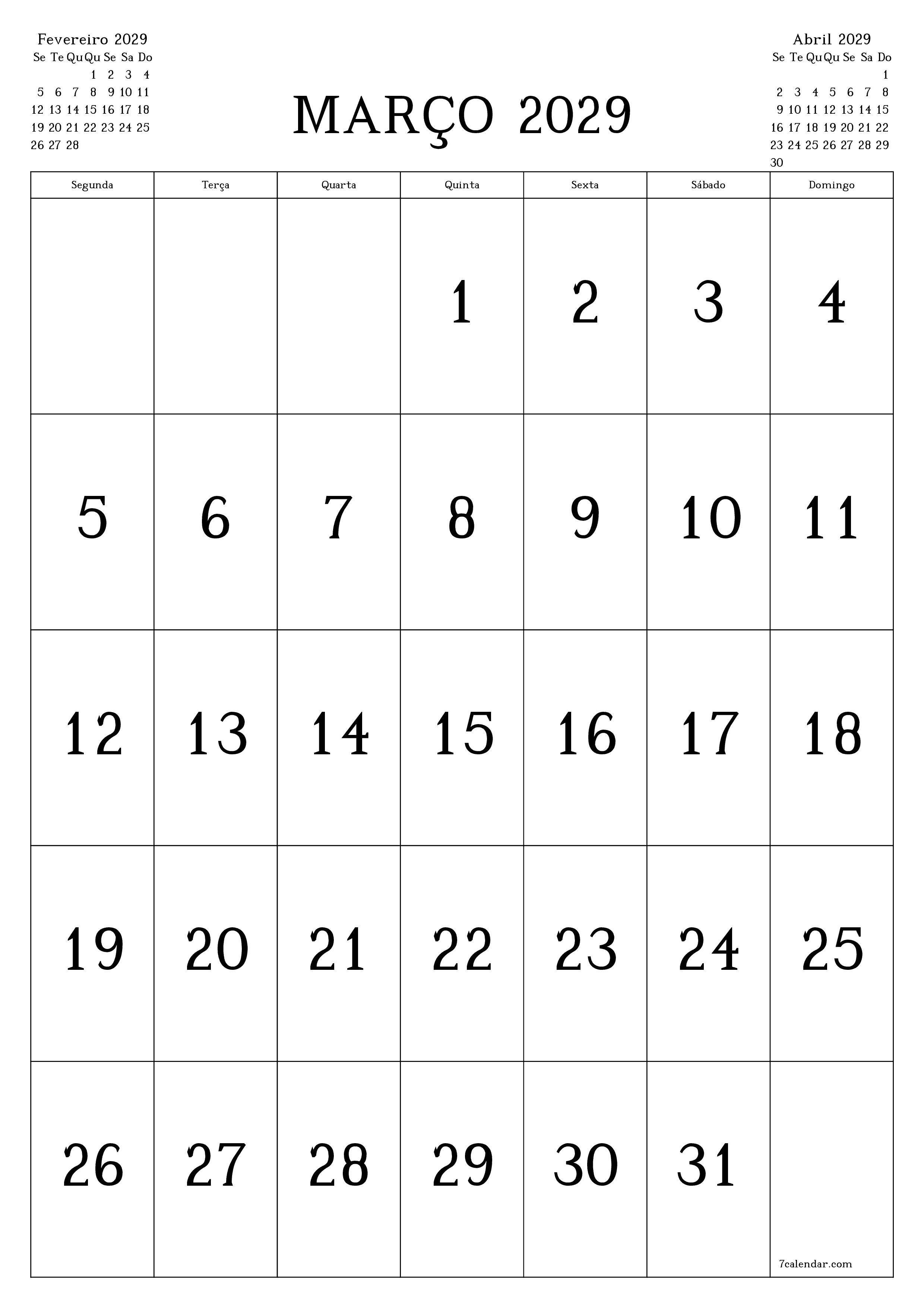  para impressão de parede modelo de grátisvertical Mensal calendário Março (Mar) 2029