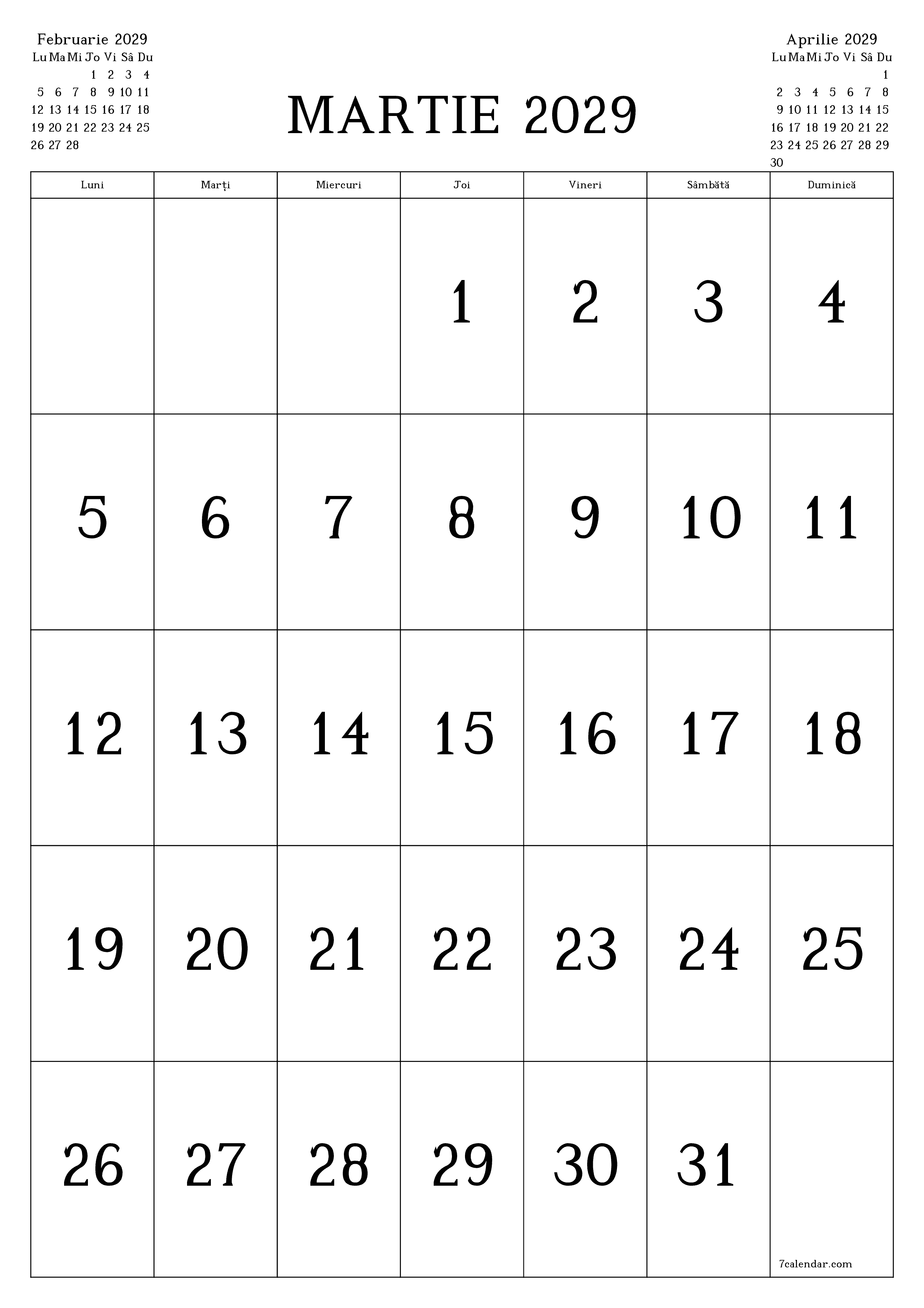  imprimabil de perete șablon de gratuitvertical Lunar calendar Martie (Mar) 2029
