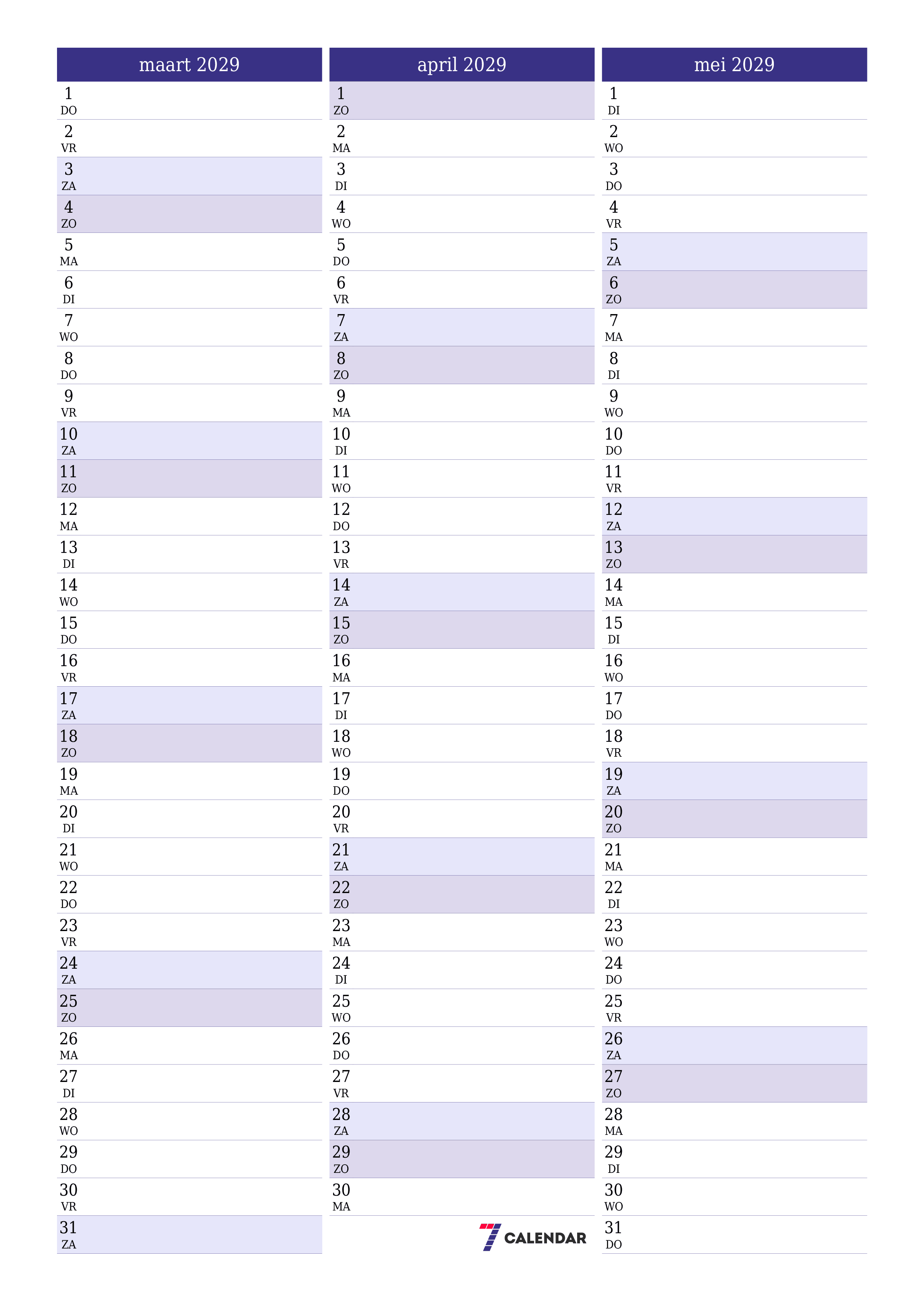 afdrukbare muur sjabloon gratis verticaal Maandelijks planner kalender maart (mrt) 2029