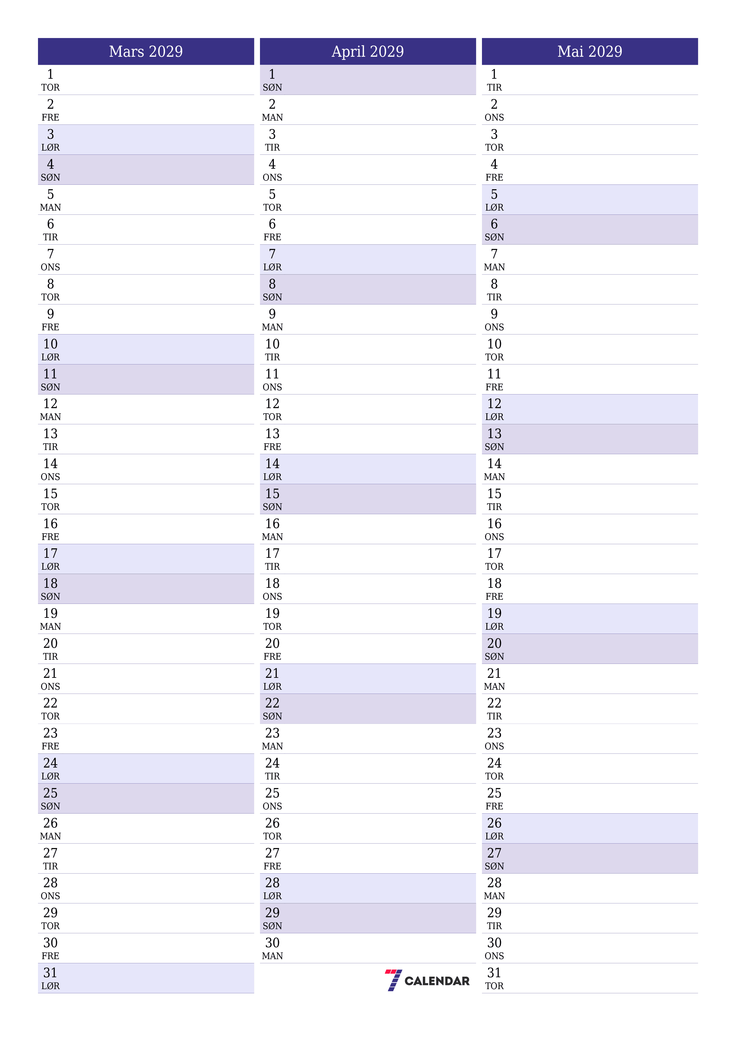 utskrivbar vegg mal gratis vertikal Månedlig planlegger kalender Mars (Mar) 2029