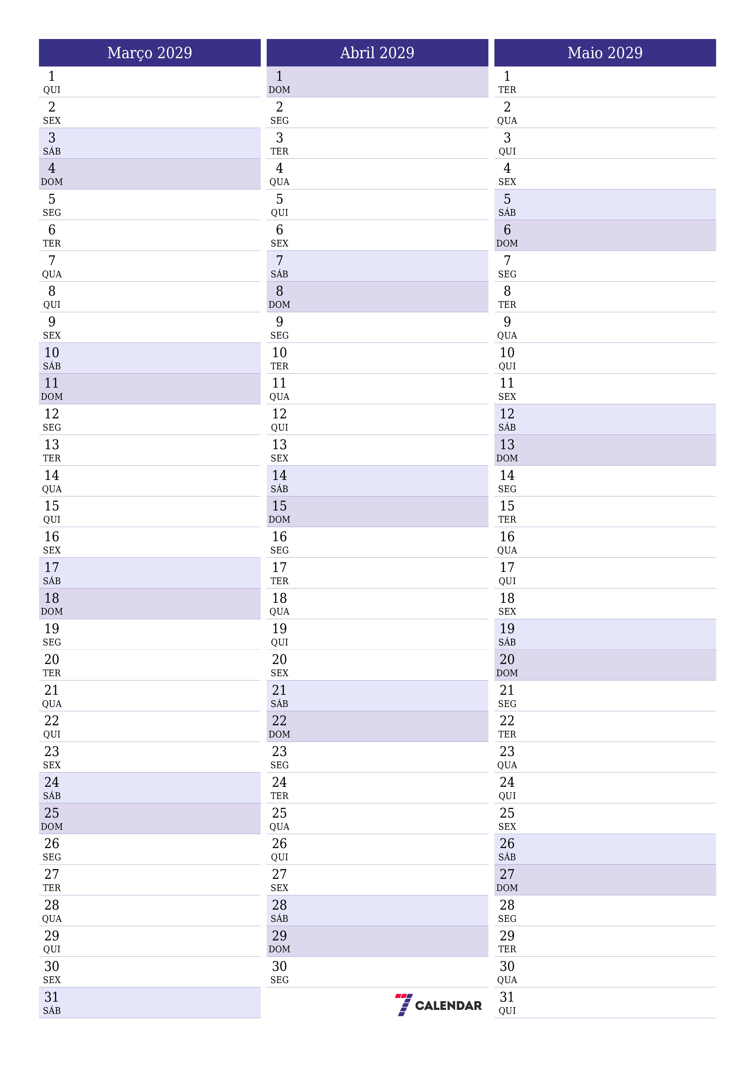 para impressão de parede modelo de grátisvertical Mensal planejador calendário Março (Mar) 2029