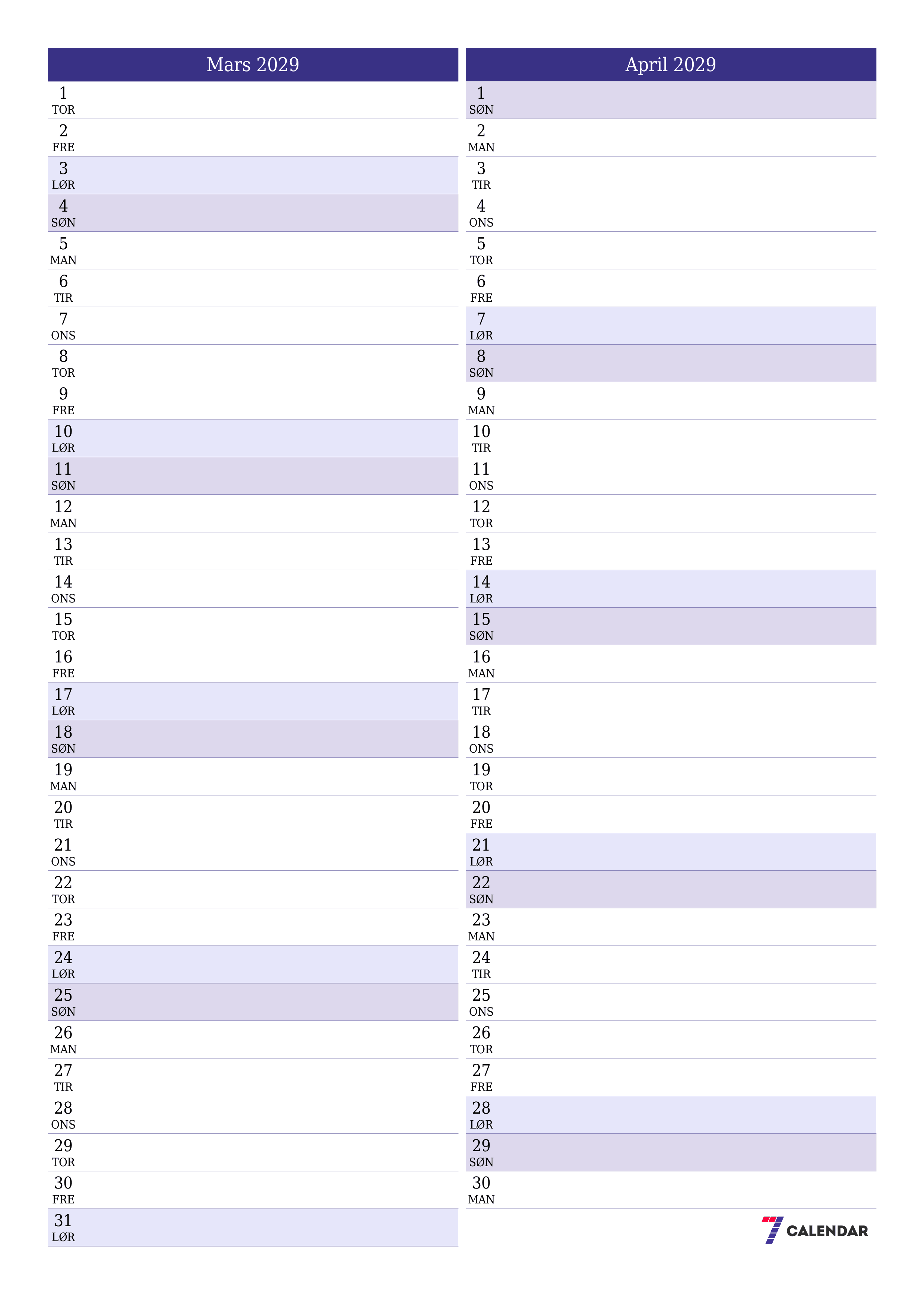 utskrivbar vegg mal gratis vertikal Månedlig planlegger kalender Mars (Mar) 2029