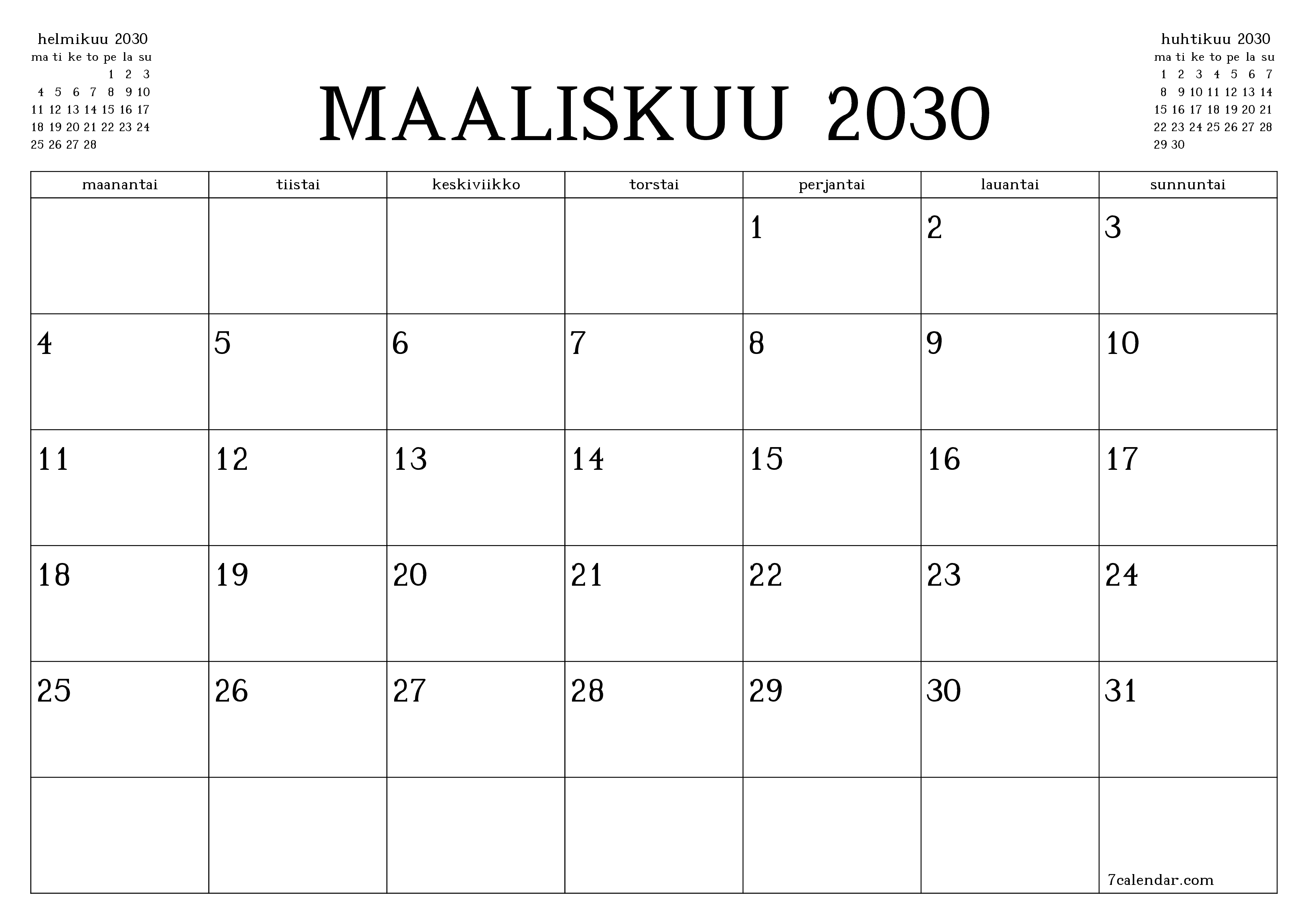 Tyhjennä kuukausittainen suunnittelija kuukaudelle Maaliskuu 2030 muistiinpanoilla, tallenna ja tulosta PDF-muotoon PNG Finnish