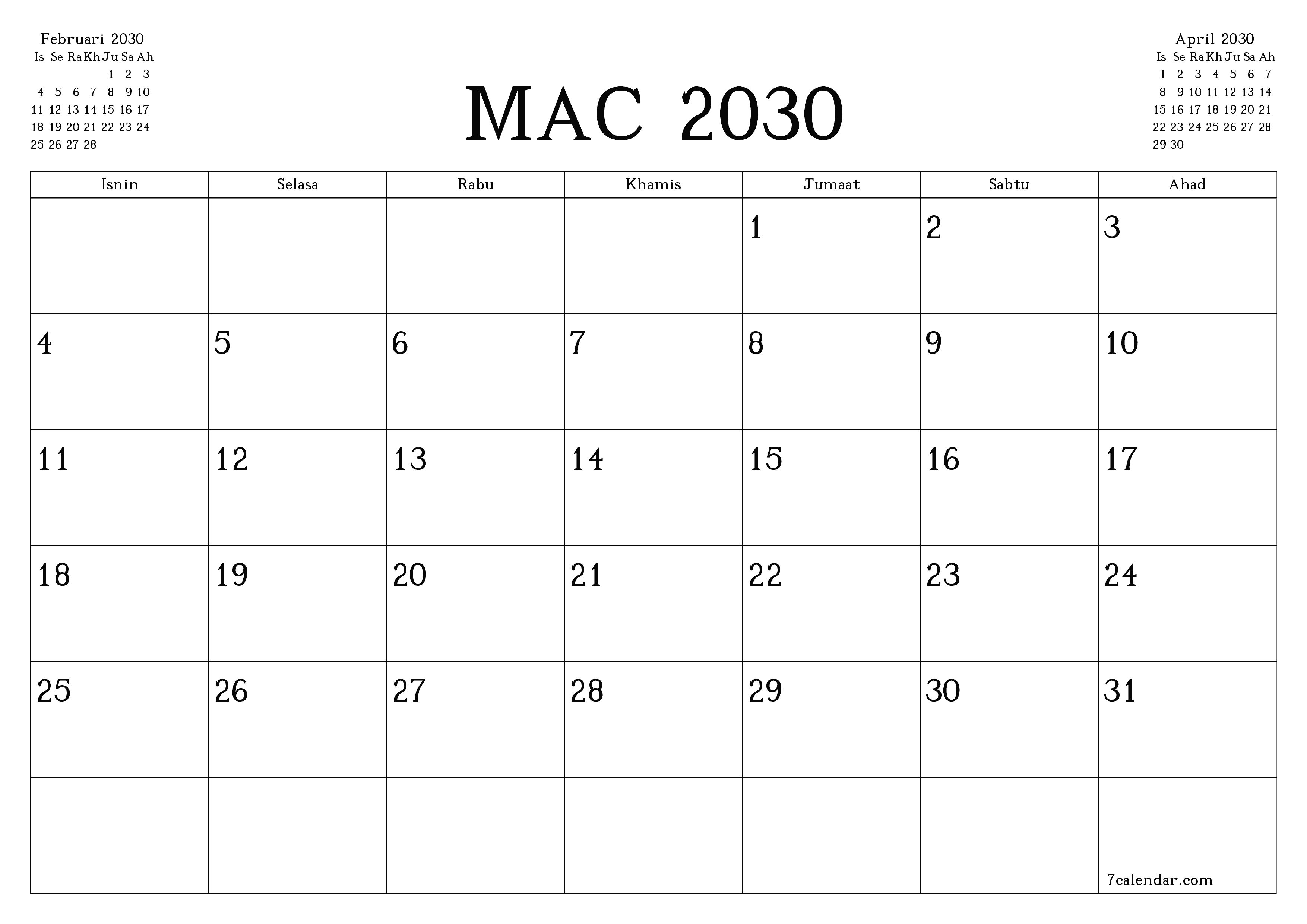 Perancang bulanan kosong untuk bulan Mac 2030 dengan nota, simpan dan cetak ke PDF PNG Malay