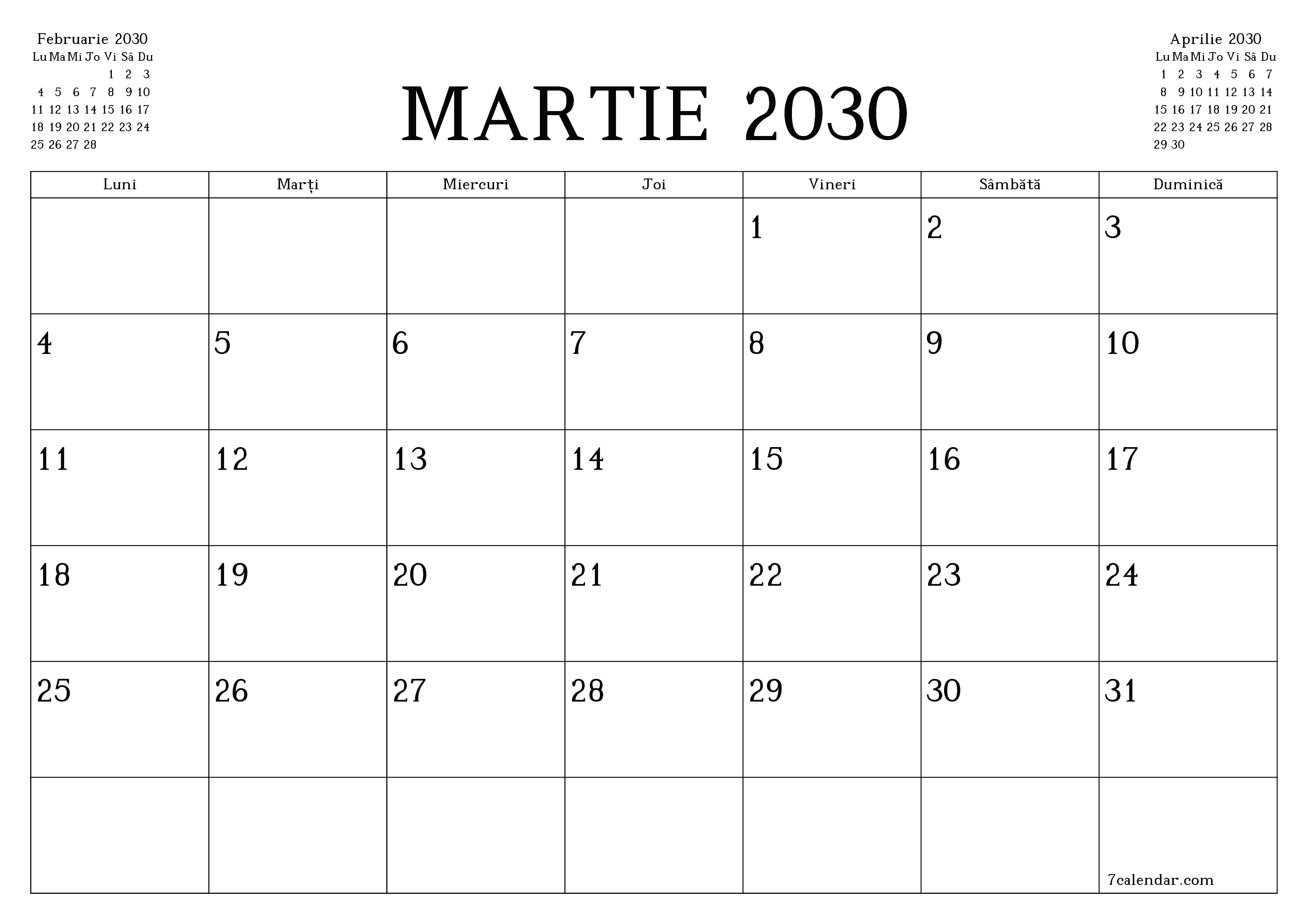Planificator lunar gol pentru luna Martie 2030 cu note, salvați și tipăriți în PDF PNG Romanian